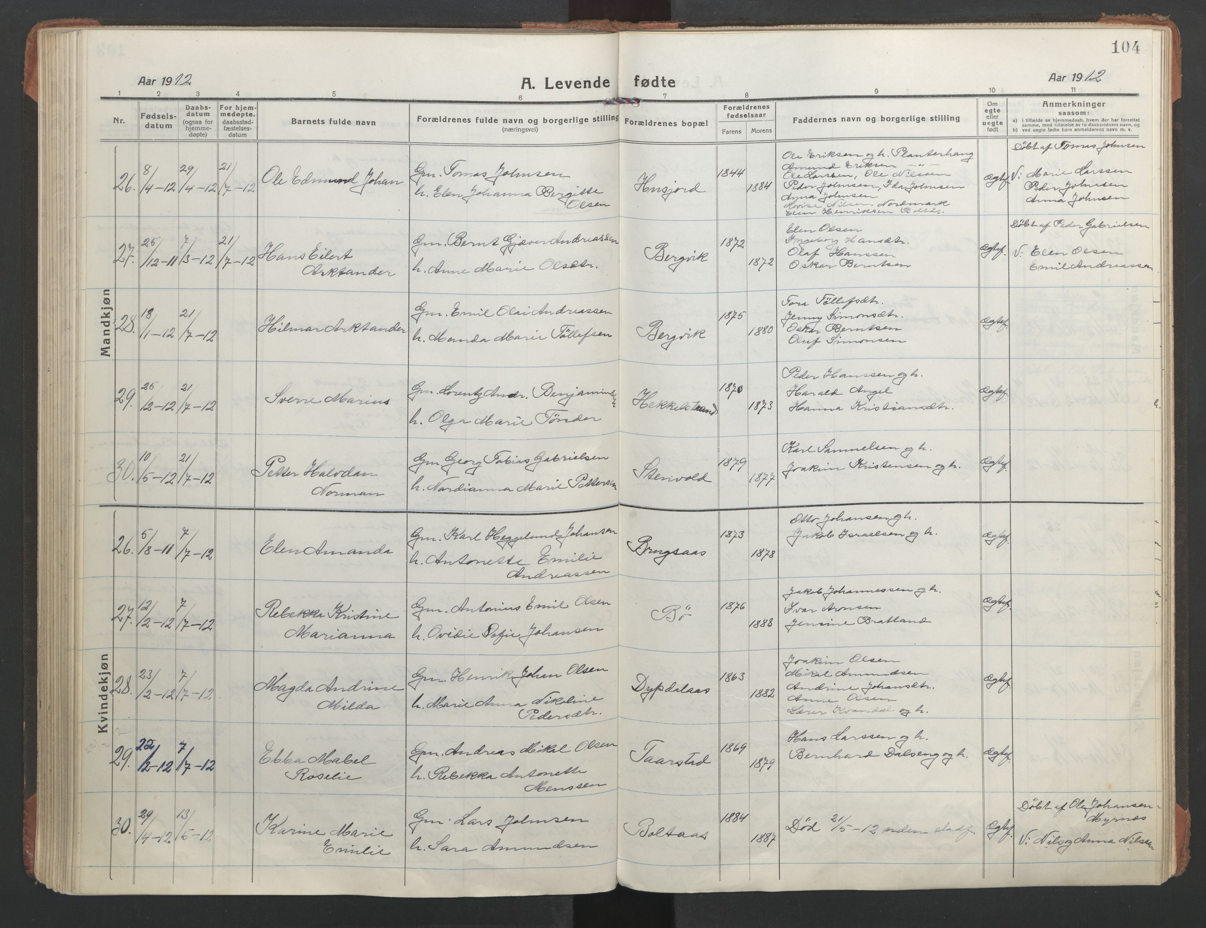 Ministerialprotokoller, klokkerbøker og fødselsregistre - Nordland, AV/SAT-A-1459/863/L0900: Parish register (official) no. 863A12, 1906-1915, p. 104