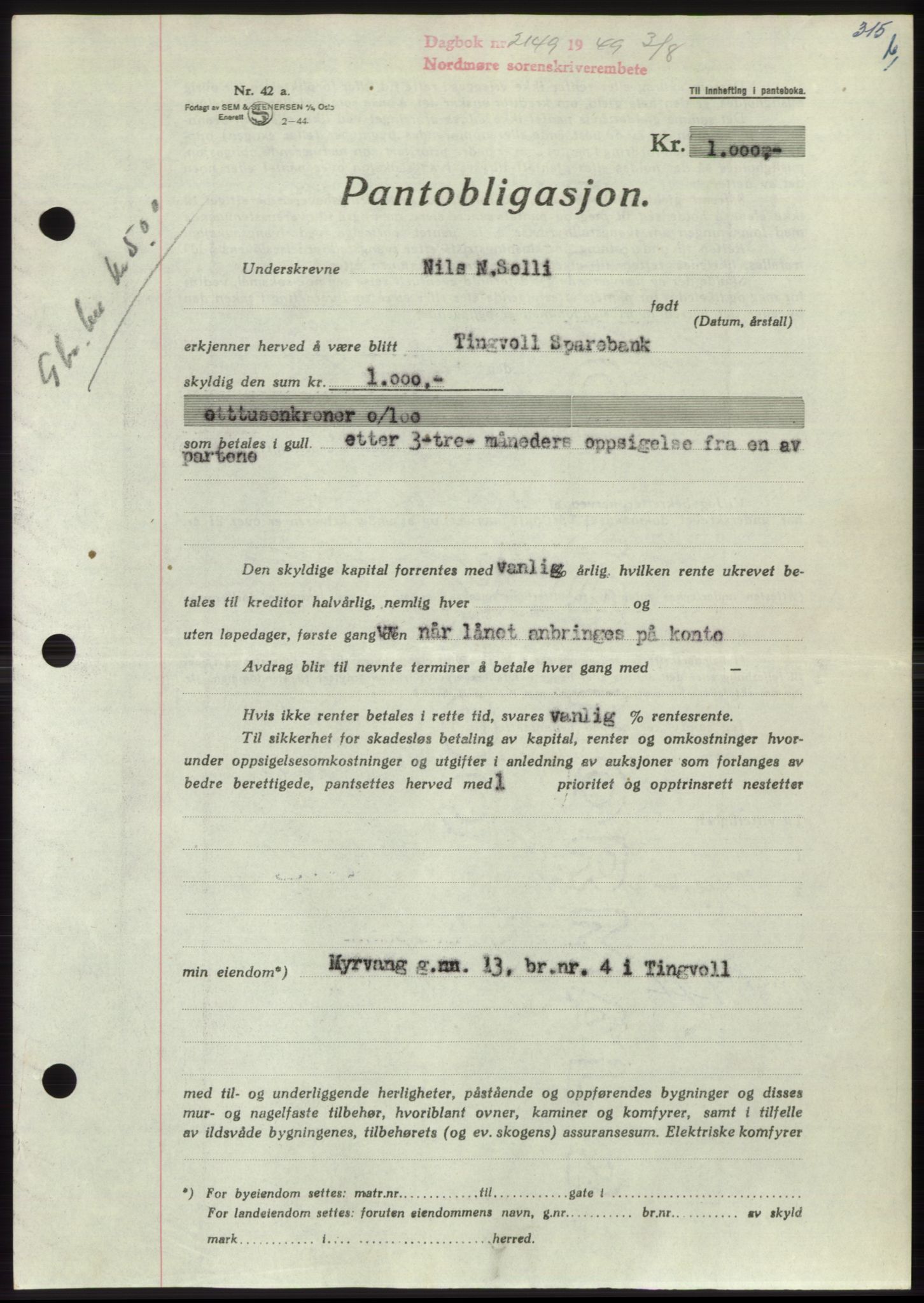 Nordmøre sorenskriveri, AV/SAT-A-4132/1/2/2Ca: Mortgage book no. B102, 1949-1949, Diary no: : 2149/1949