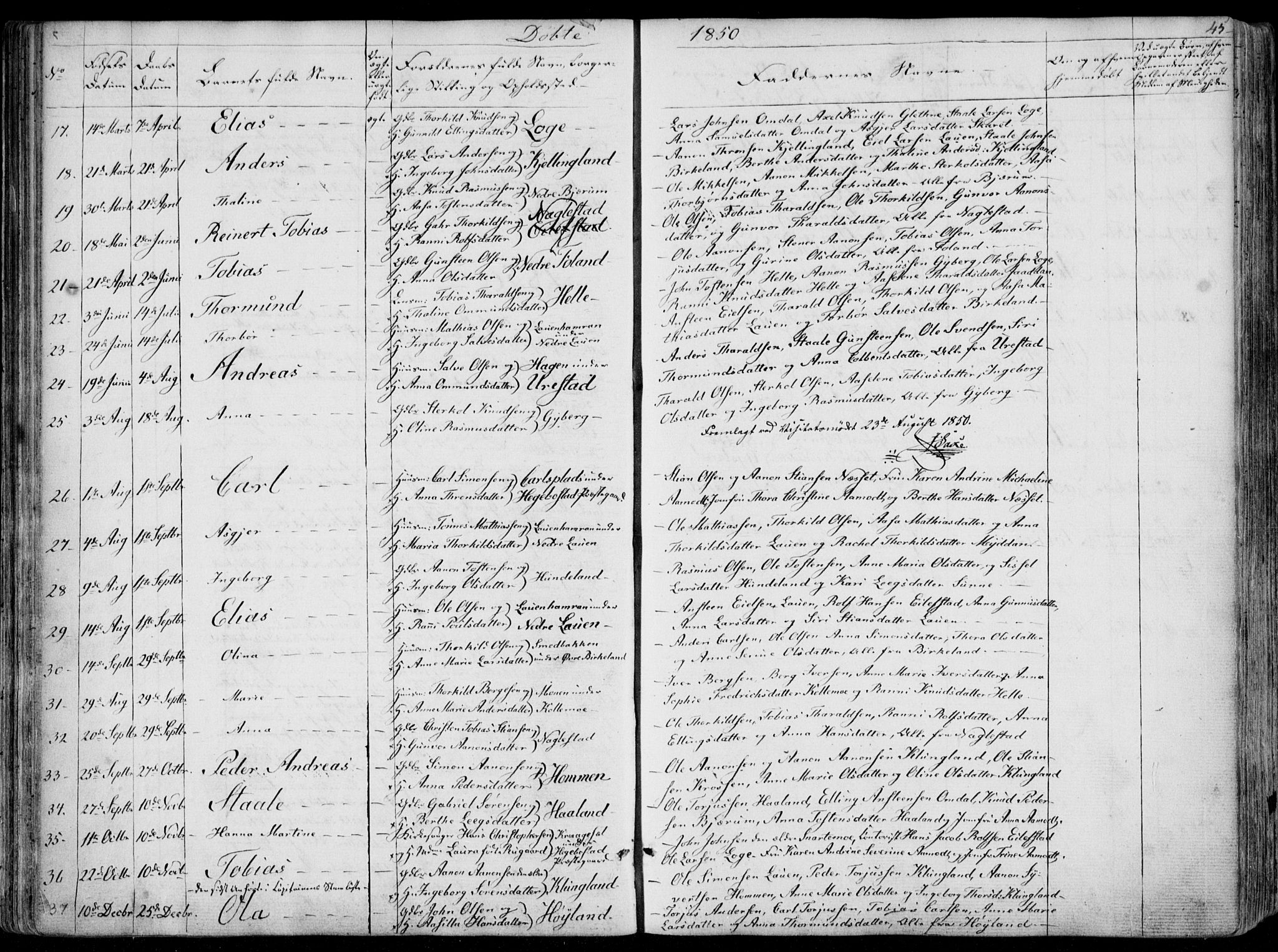 Hægebostad sokneprestkontor, AV/SAK-1111-0024/F/Fa/Faa/L0004: Parish register (official) no. A 4, 1834-1864, p. 45