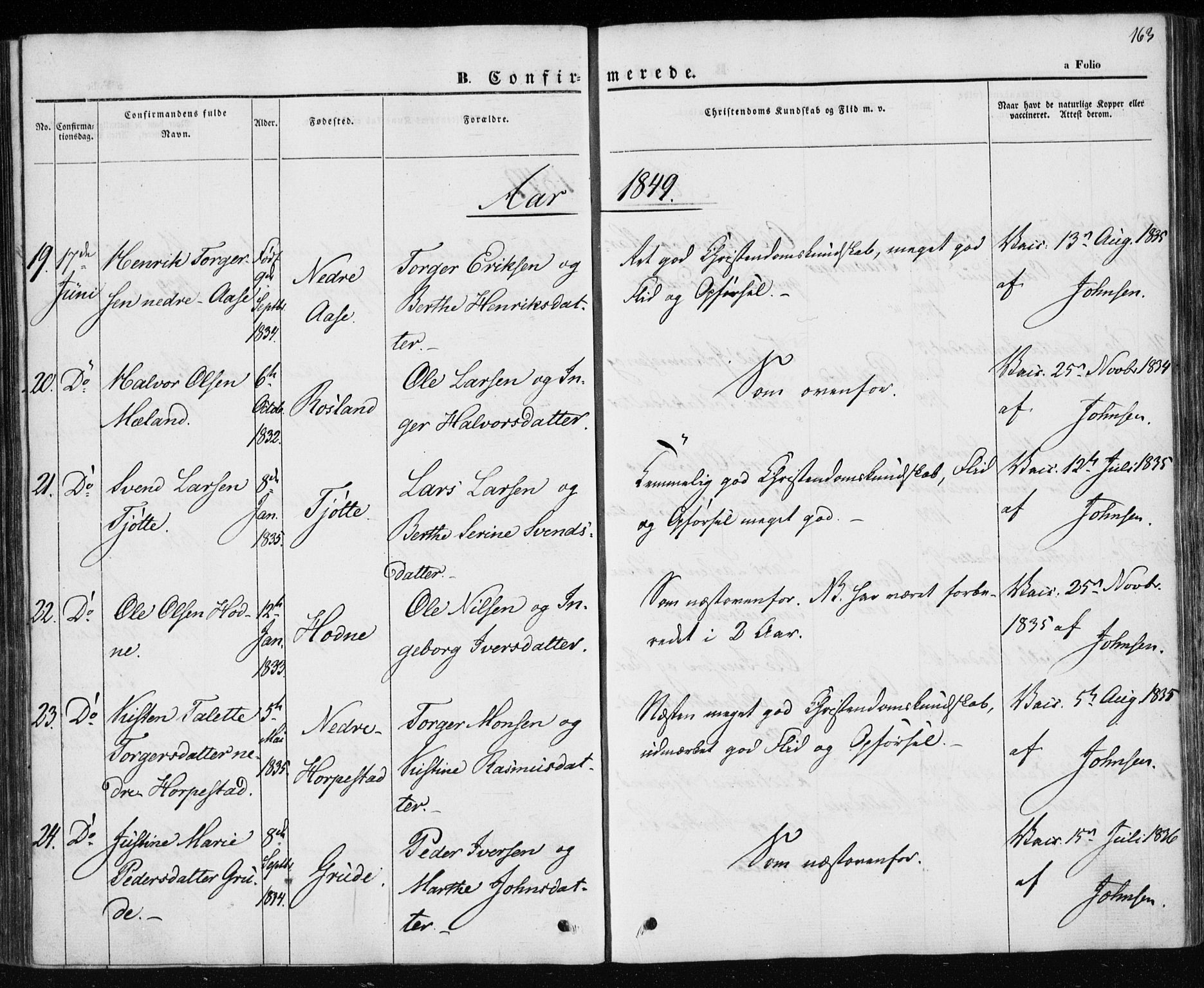 Klepp sokneprestkontor, AV/SAST-A-101803/001/3/30BA/L0004: Parish register (official) no. A 4, 1842-1852, p. 163