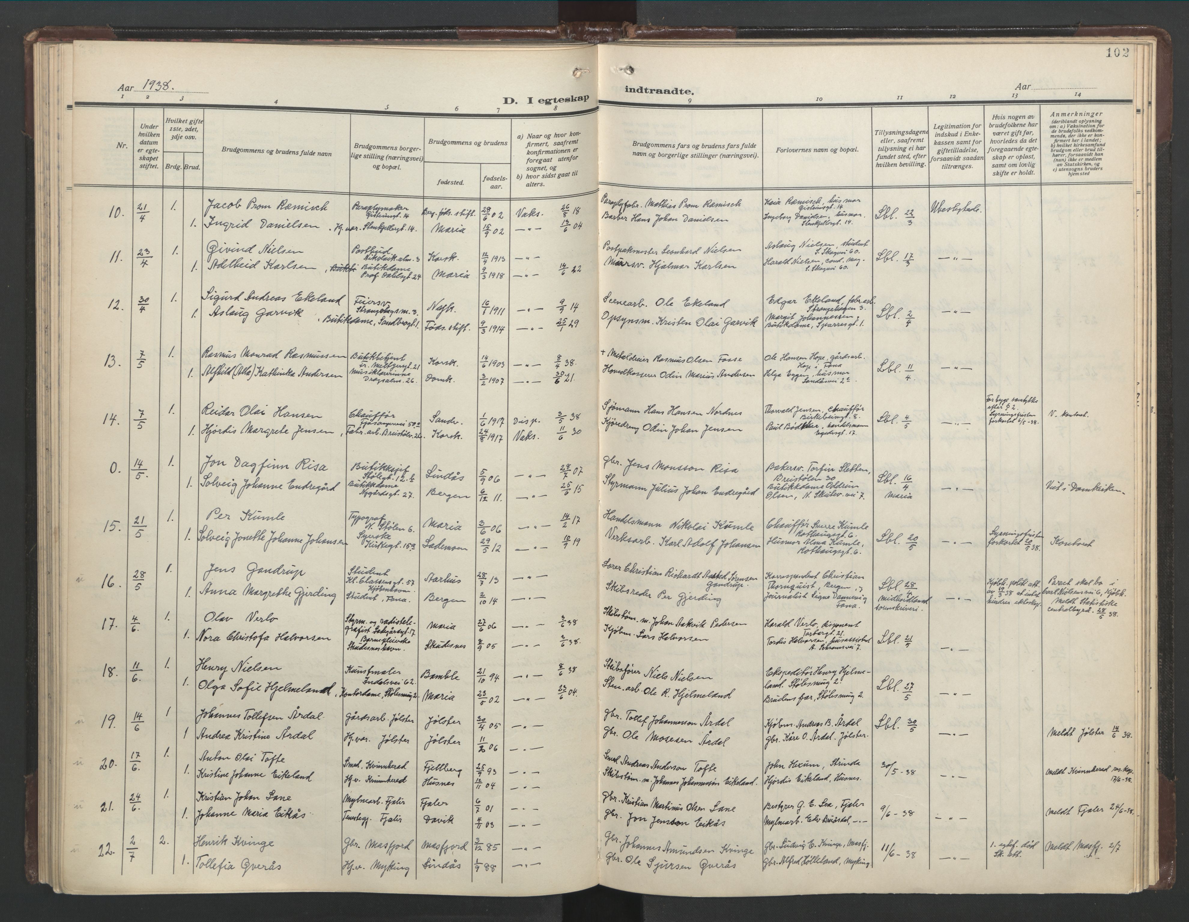 Mariakirken Sokneprestembete, SAB/A-76901/H/Hab/L0011: Parish register (copy) no. A 11, 1938-1955, p. 101b-102a