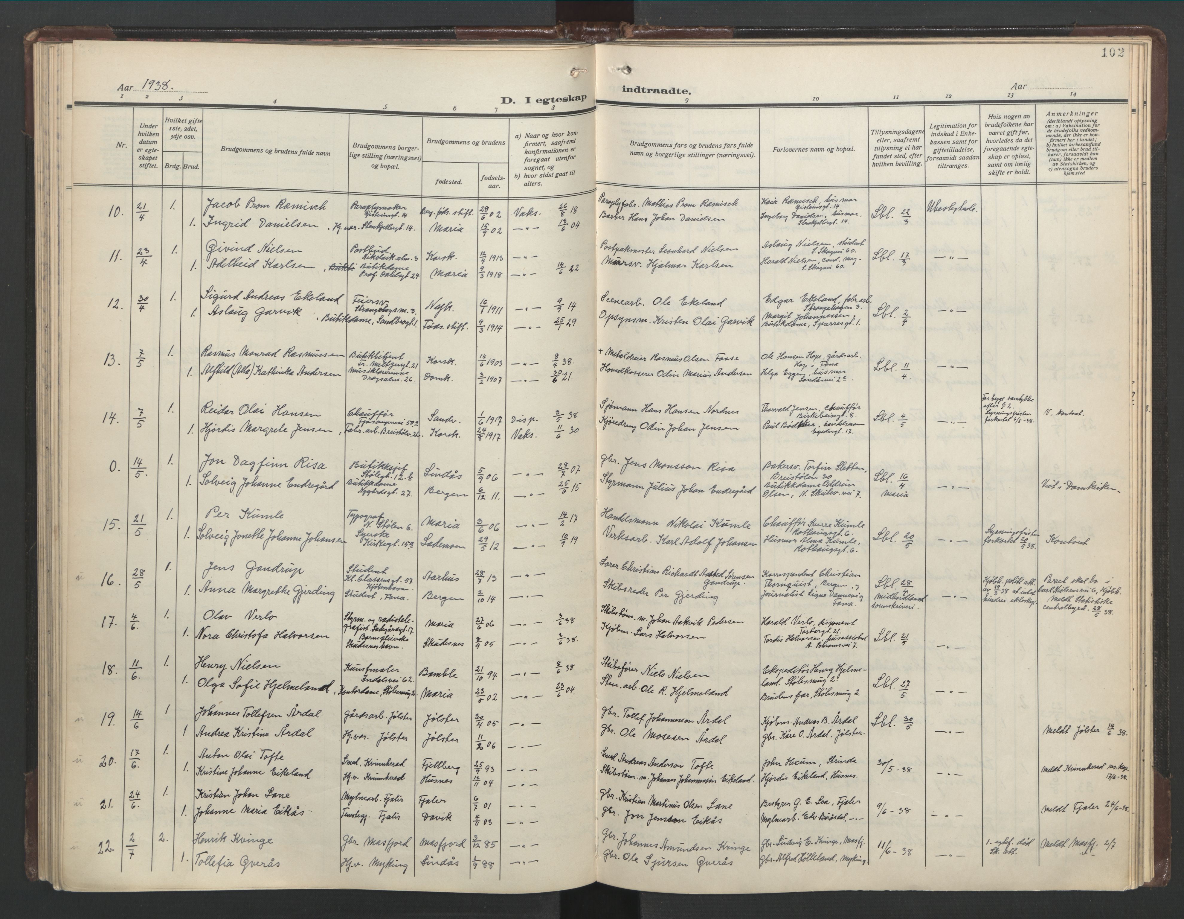 Mariakirken Sokneprestembete, AV/SAB-A-76901/H/Hab/L0011: Parish register (copy) no. A 11, 1938-1955, p. 101b-102a
