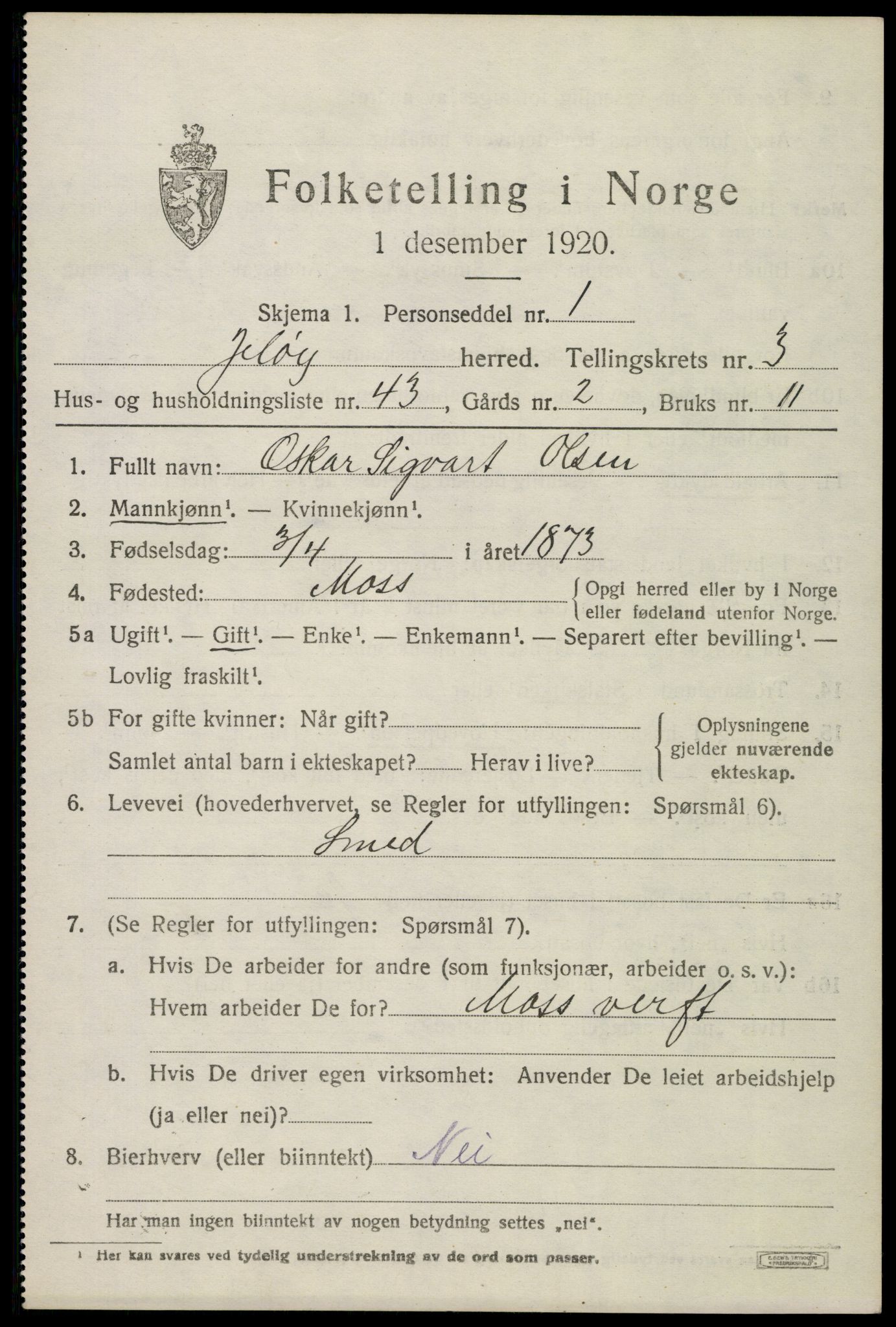 SAO, 1920 census for Moss land district, 1920, p. 3761