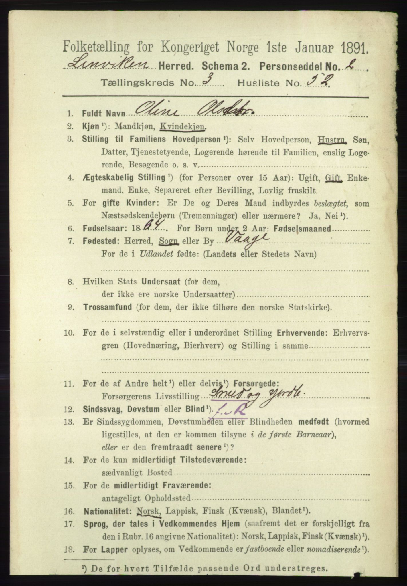 RA, 1891 census for 1931 Lenvik, 1891, p. 1706