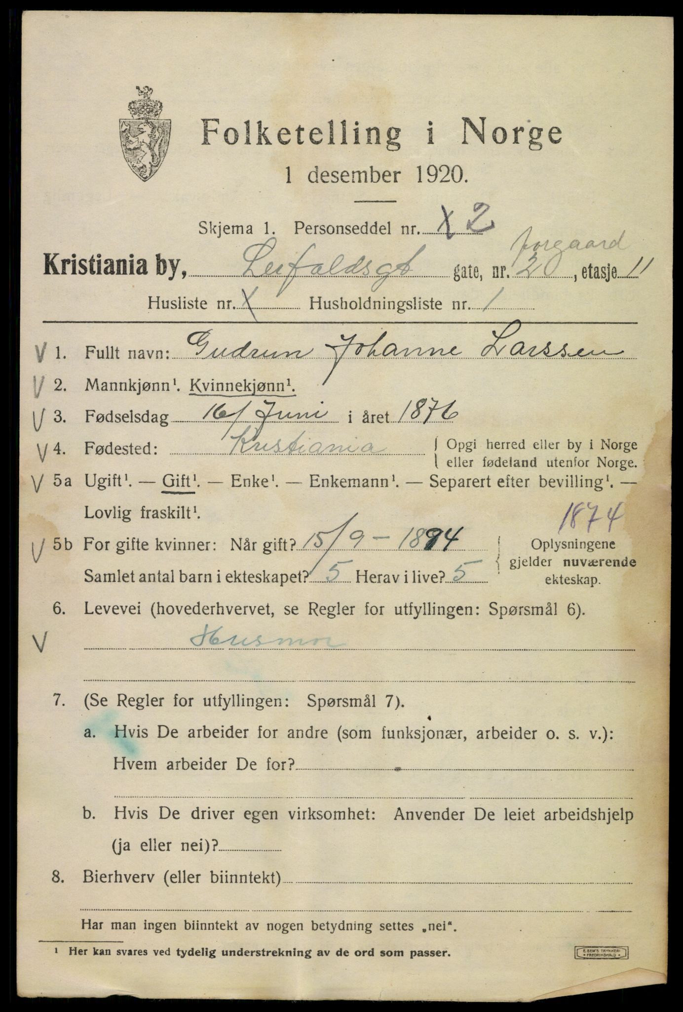 SAO, 1920 census for Kristiania, 1920, p. 362335