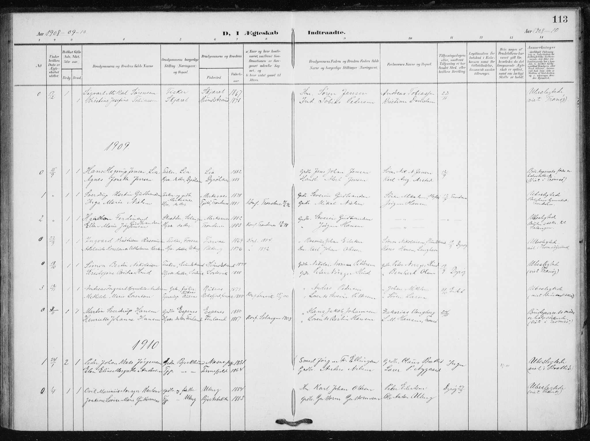Tranøy sokneprestkontor, SATØ/S-1313/I/Ia/Iaa/L0013kirke: Parish register (official) no. 13, 1905-1922, p. 113