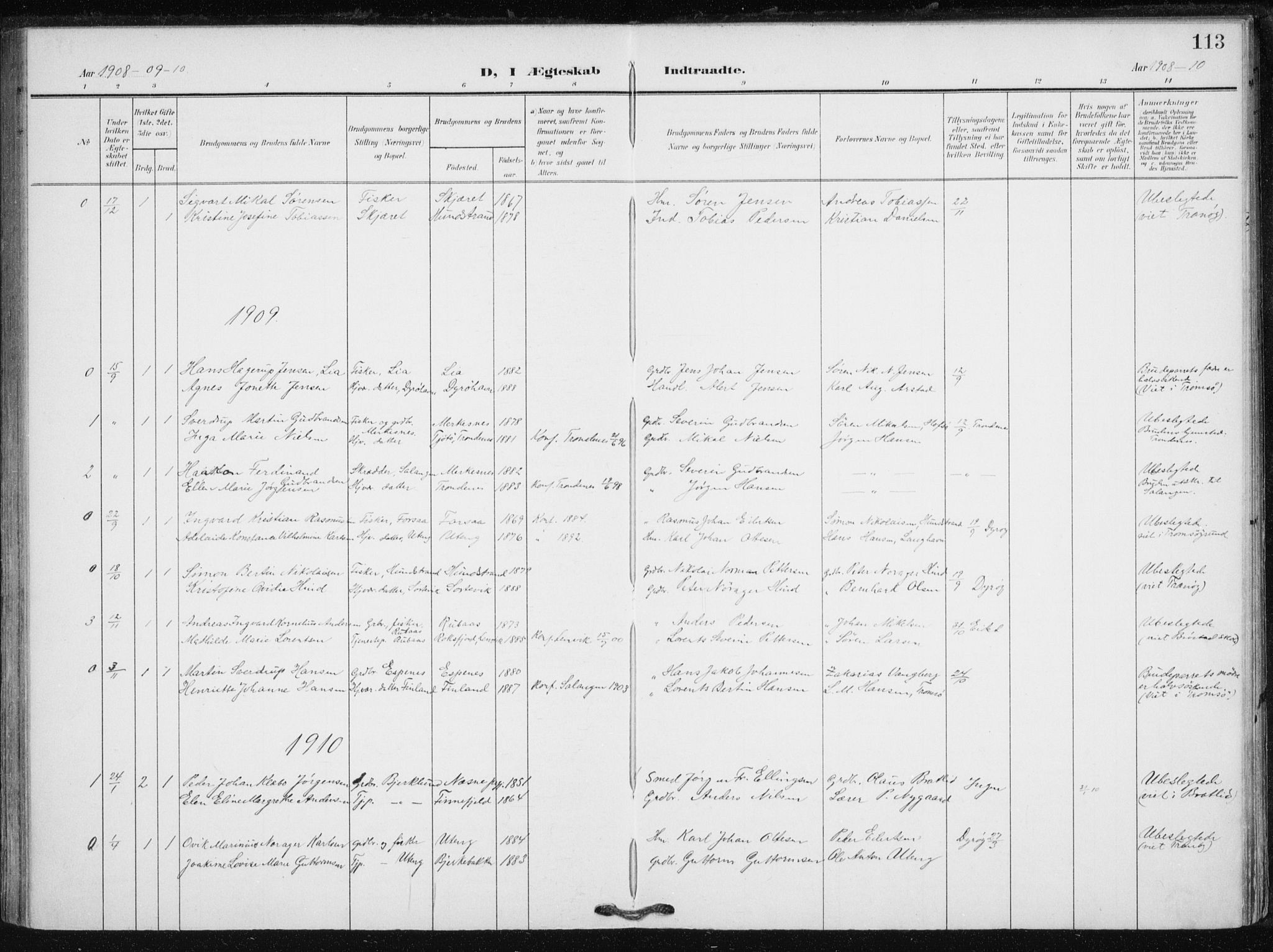 Tranøy sokneprestkontor, AV/SATØ-S-1313/I/Ia/Iaa/L0013kirke: Parish register (official) no. 13, 1905-1922, p. 113