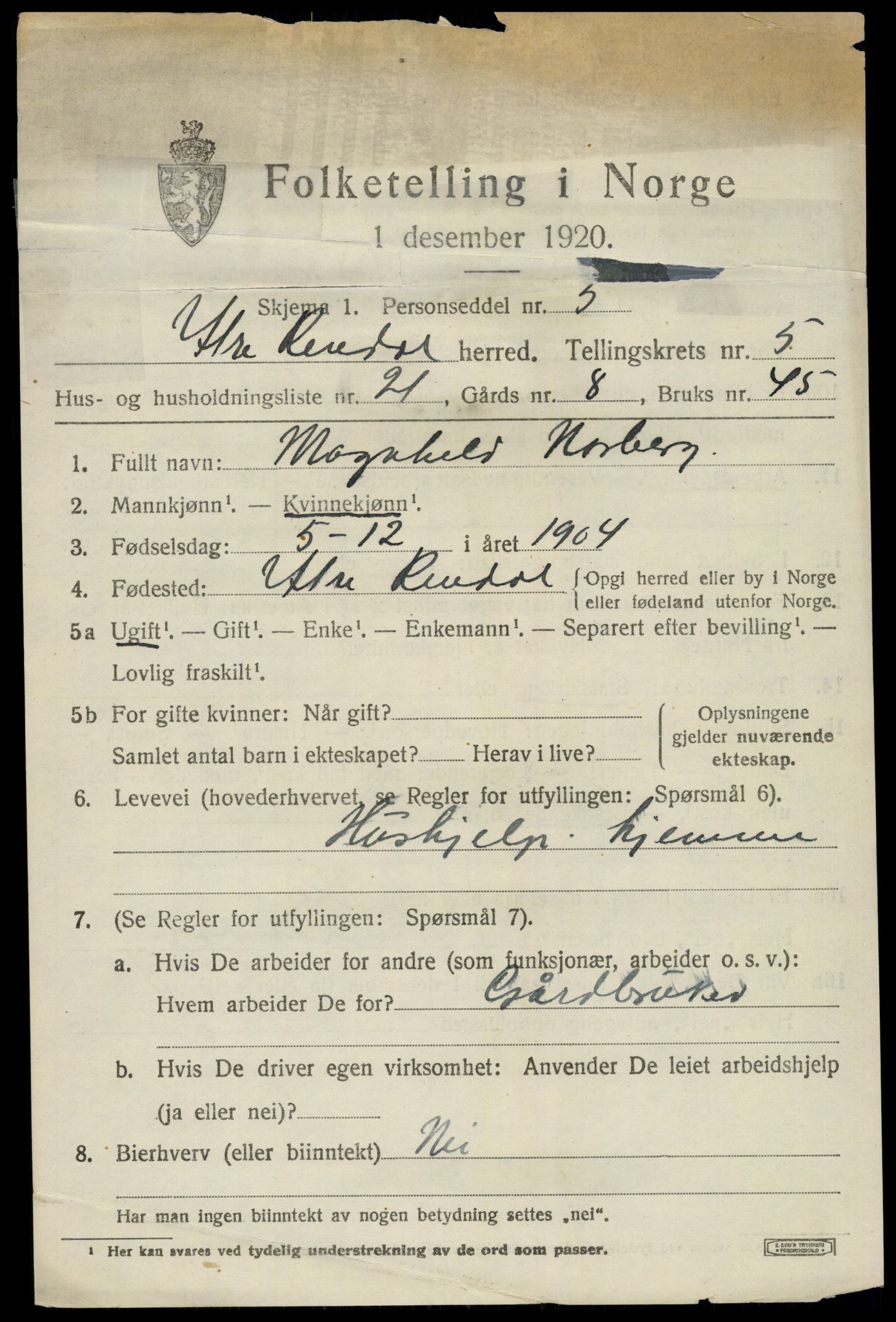 SAH, 1920 census for Ytre Rendal, 1920, p. 2889