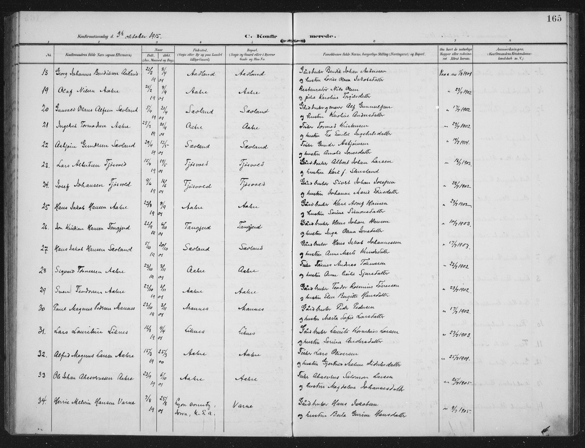 Kopervik sokneprestkontor, SAST/A-101850/H/Ha/Haa/L0005: Parish register (official) no. A 5, 1906-1924, p. 165