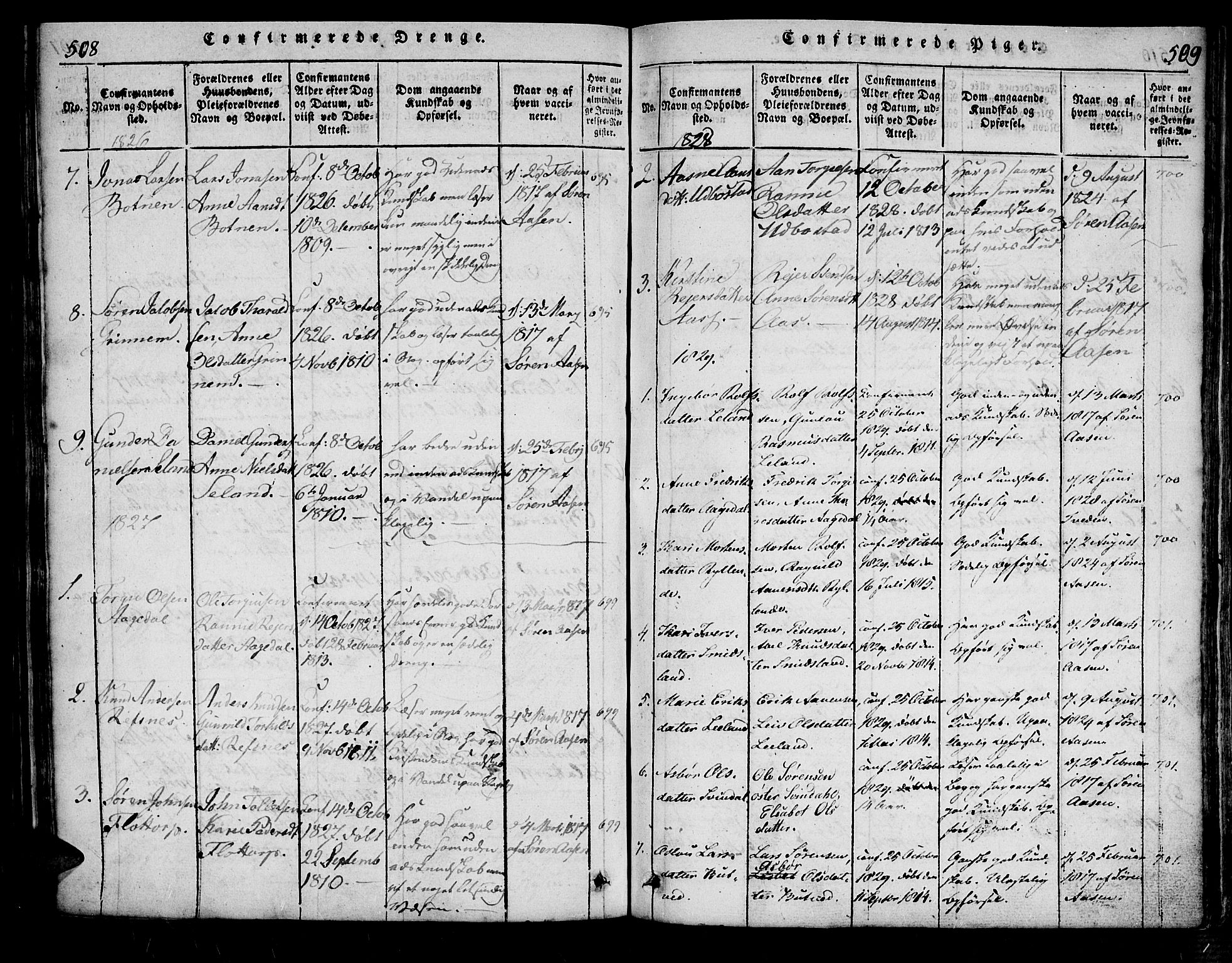 Bjelland sokneprestkontor, SAK/1111-0005/F/Fa/Fac/L0001: Parish register (official) no. A 1, 1815-1866, p. 508-509