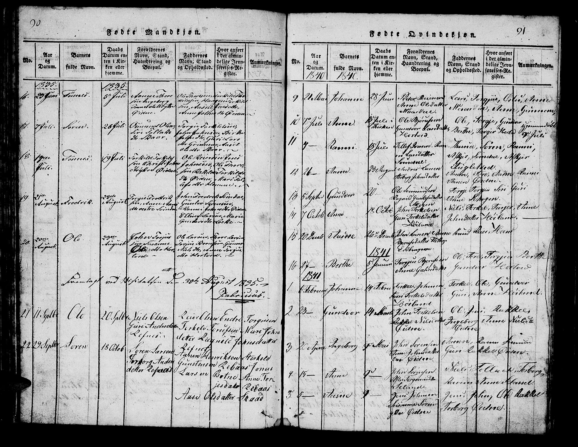 Bjelland sokneprestkontor, SAK/1111-0005/F/Fb/Fbc/L0001: Parish register (copy) no. B 1, 1815-1870, p. 90-91