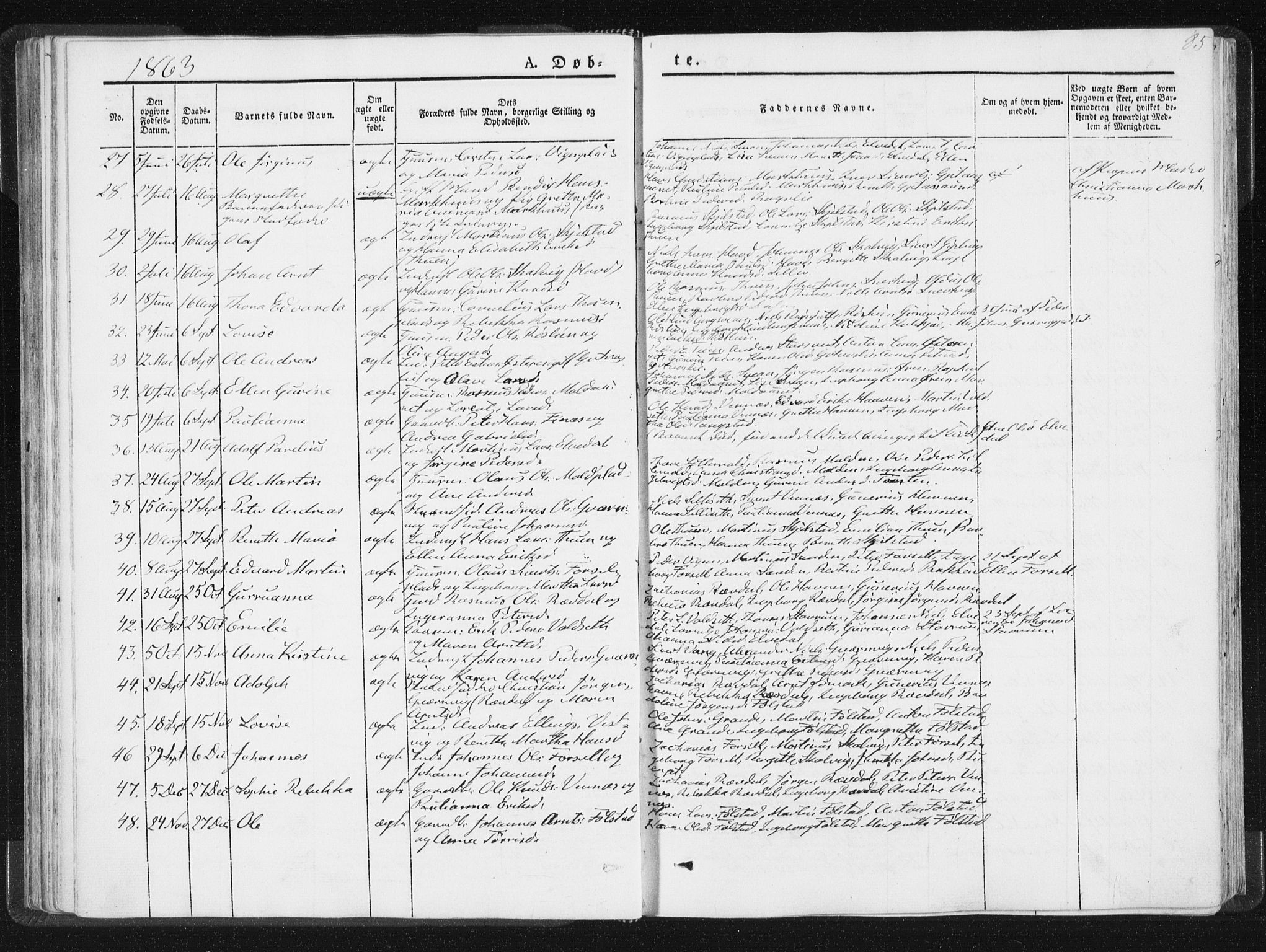 Ministerialprotokoller, klokkerbøker og fødselsregistre - Nord-Trøndelag, AV/SAT-A-1458/744/L0418: Parish register (official) no. 744A02, 1843-1866, p. 85