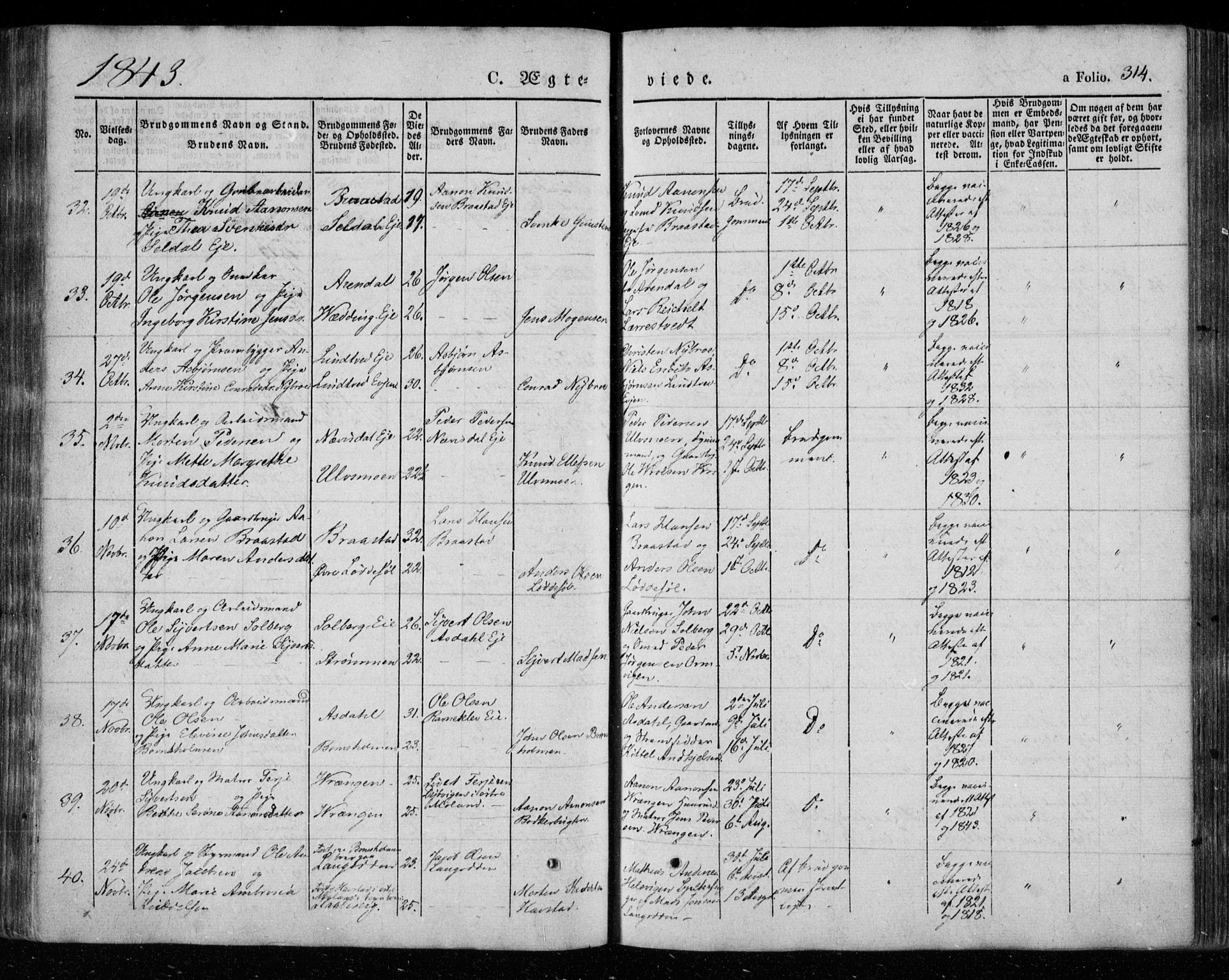 Øyestad sokneprestkontor, AV/SAK-1111-0049/F/Fa/L0014: Parish register (official) no. A 14, 1843-1856, p. 314