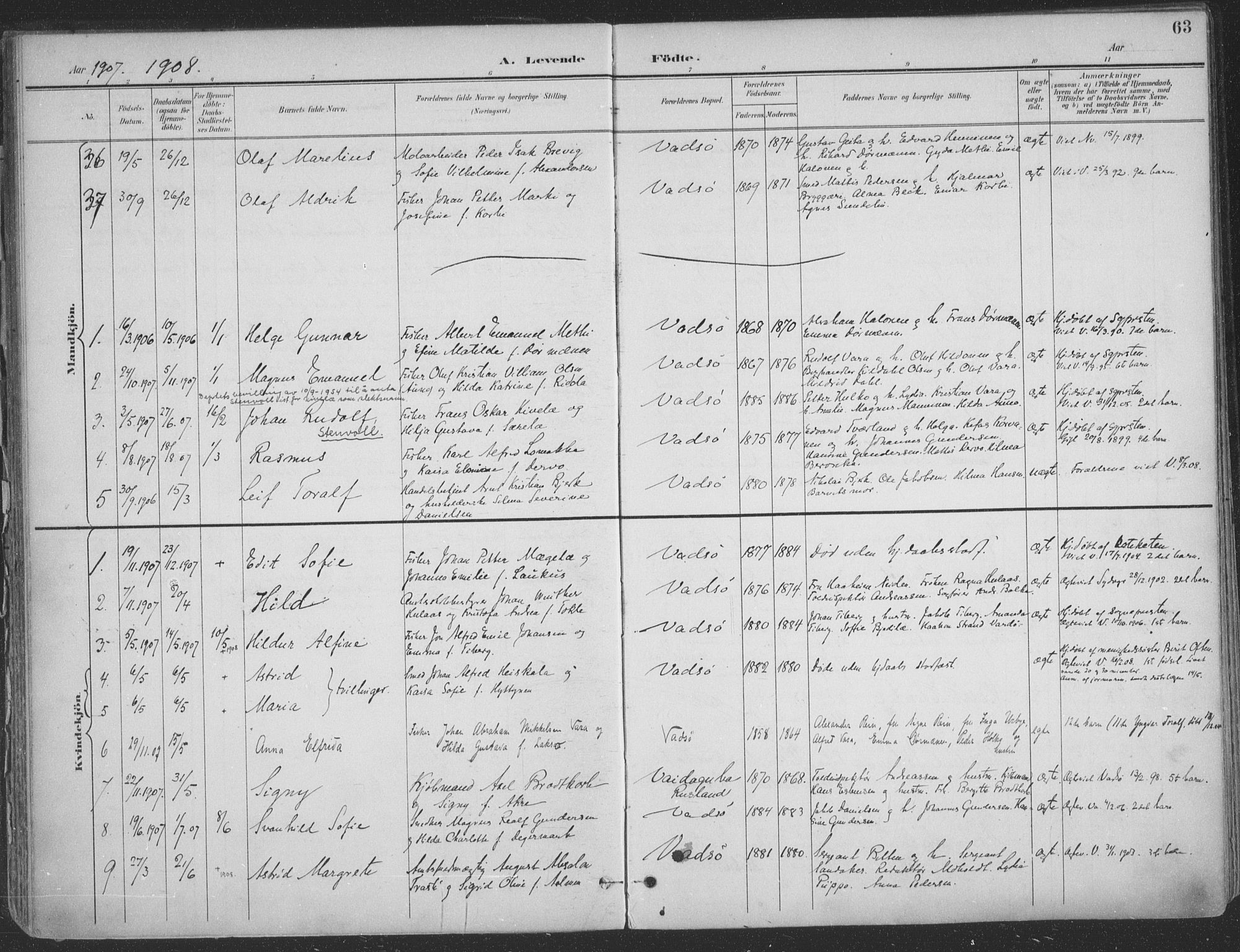 Vadsø sokneprestkontor, SATØ/S-1325/H/Ha/L0007kirke: Parish register (official) no. 7, 1896-1916, p. 63