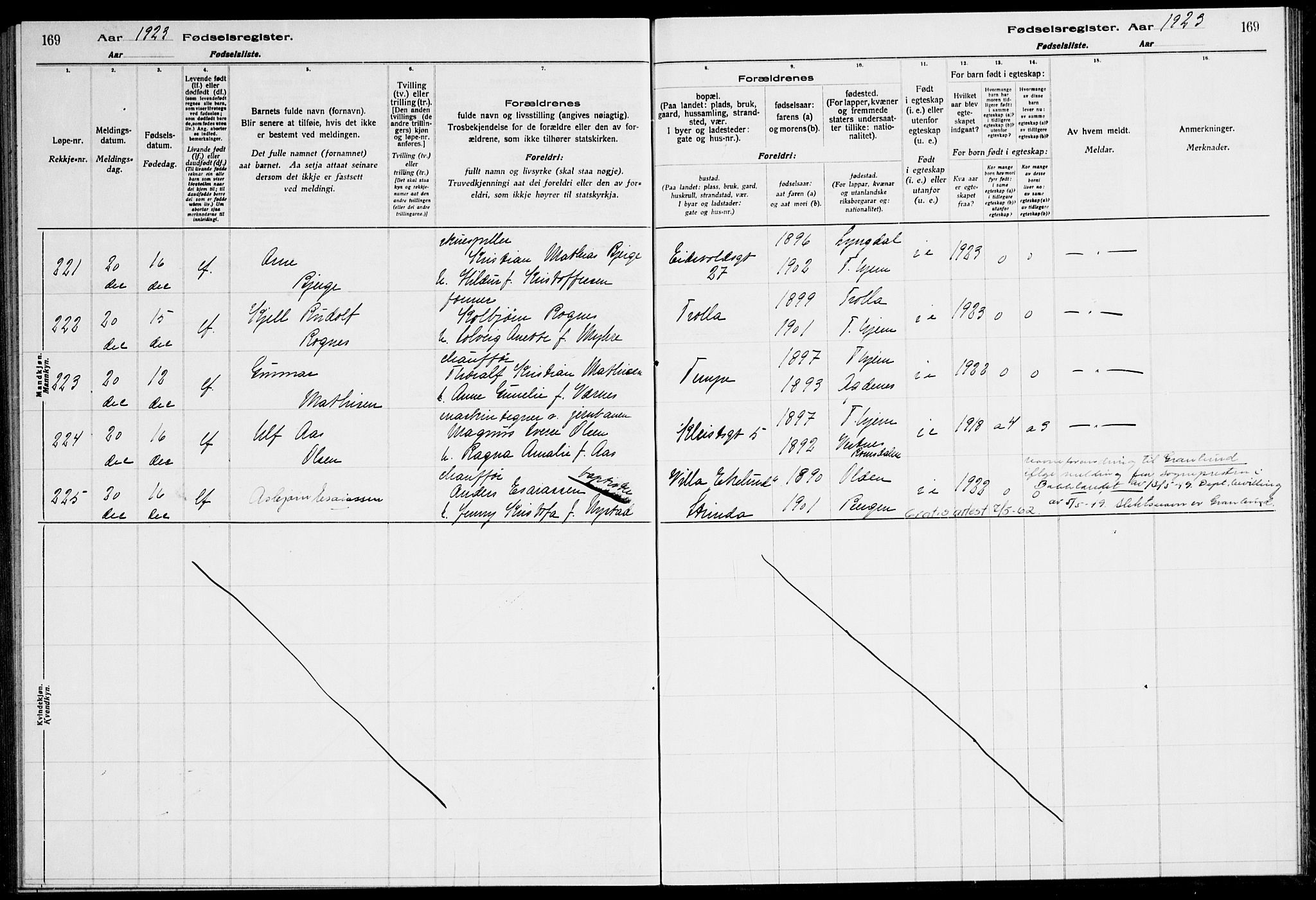 Ministerialprotokoller, klokkerbøker og fødselsregistre - Sør-Trøndelag, AV/SAT-A-1456/600/L0003: Birth register no. 600.II.4.2, 1920-1924, p. 169