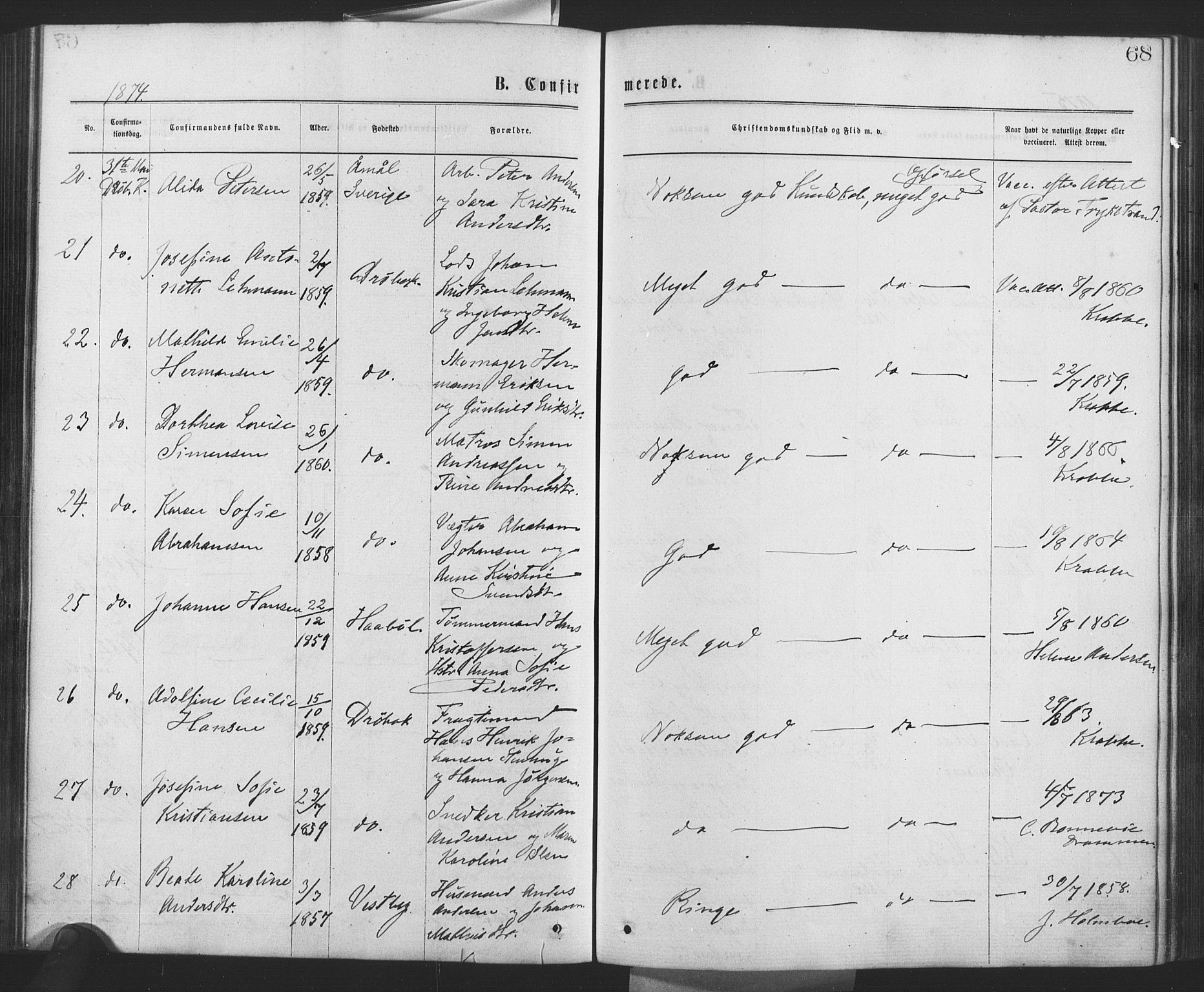 Drøbak prestekontor Kirkebøker, AV/SAO-A-10142a/F/Fa/L0003: Parish register (official) no. I 3, 1871-1877, p. 68