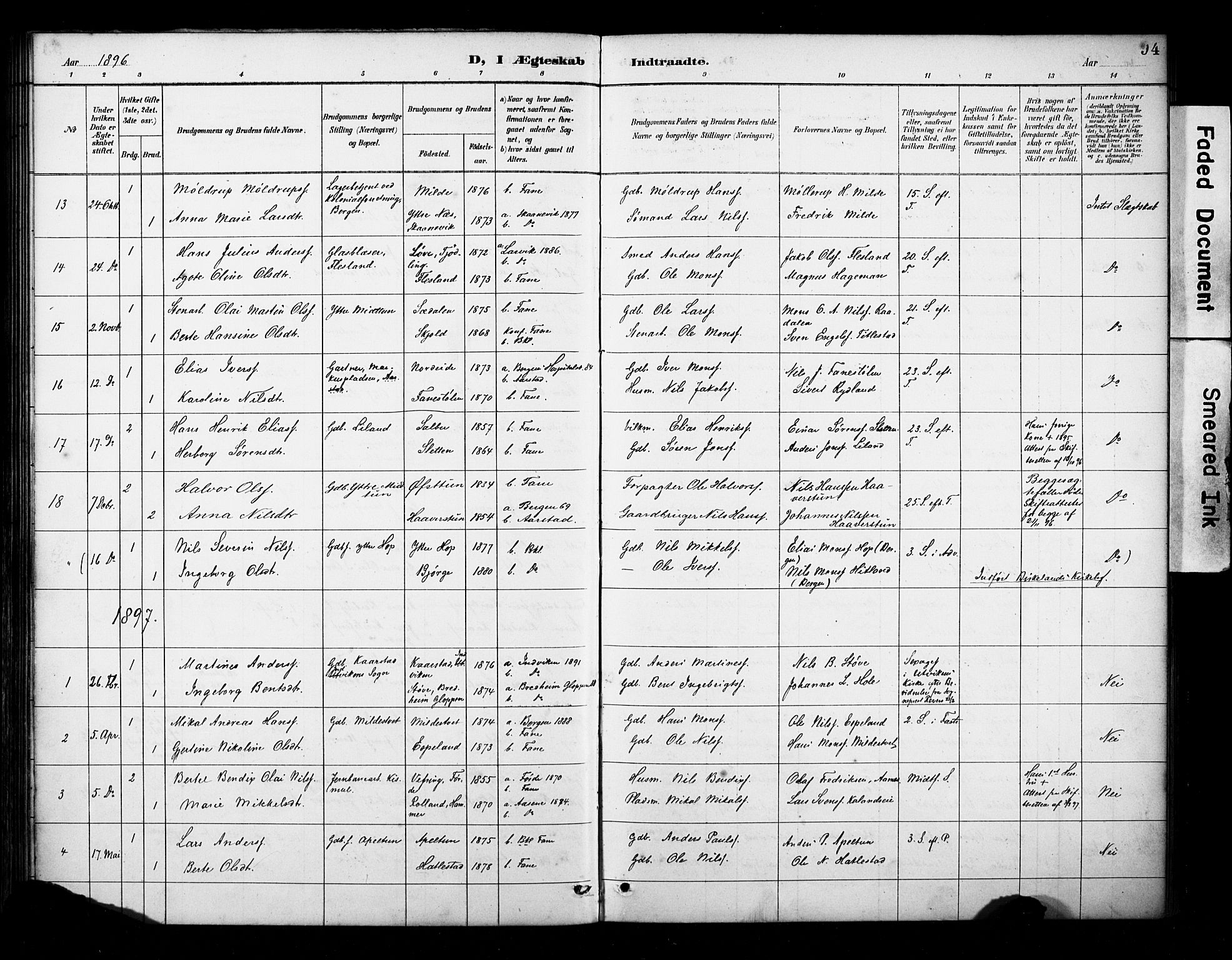 Fana Sokneprestembete, SAB/A-75101/H/Haa/Haab/L0002: Parish register (official) no. B 2, 1890-1897, p. 94