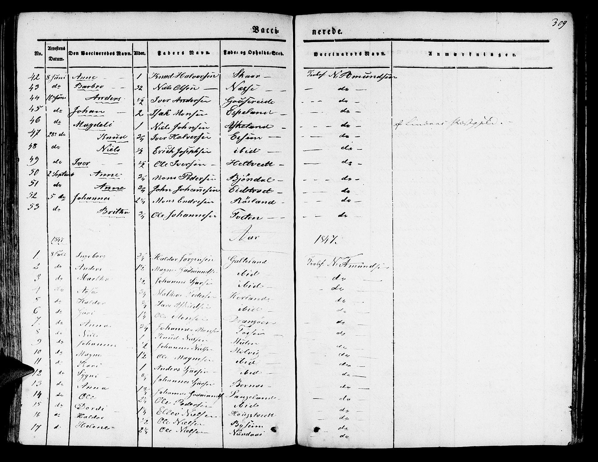 Hosanger sokneprestembete, SAB/A-75801/H/Haa: Parish register (official) no. A 7, 1835-1848, p. 309