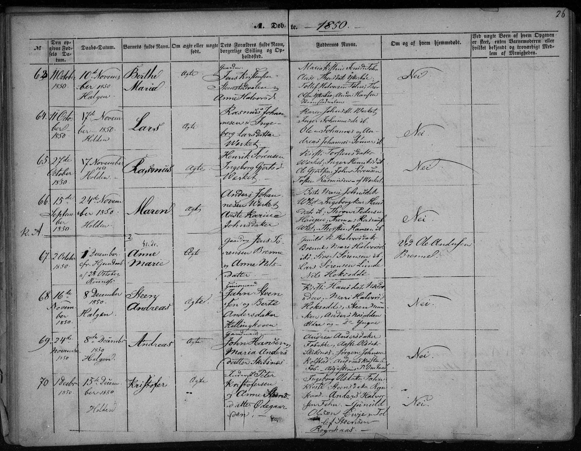 Holla kirkebøker, SAKO/A-272/F/Fa/L0005: Parish register (official) no. 5, 1849-1860, p. 26