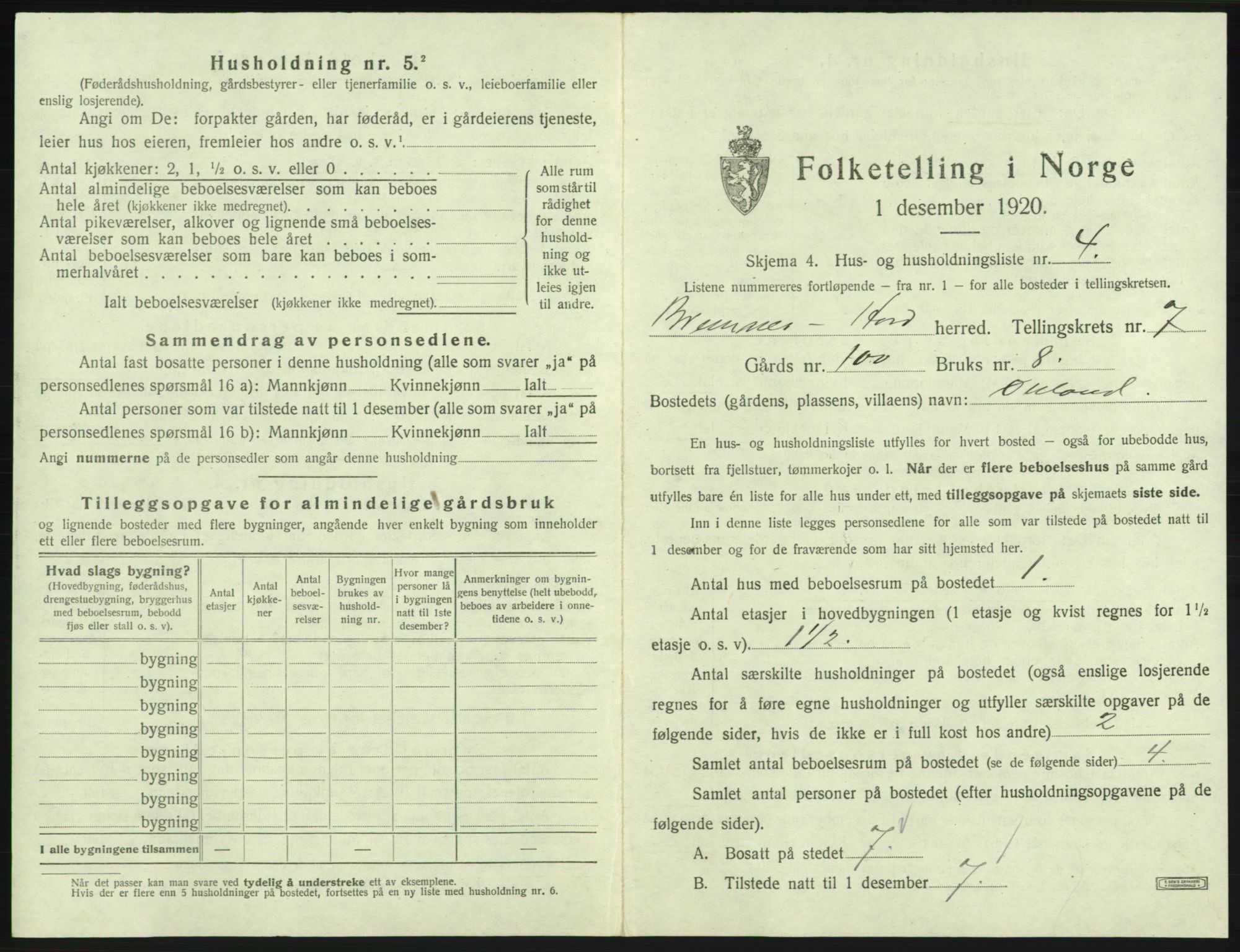 SAB, 1920 census for Bremnes, 1920, p. 487