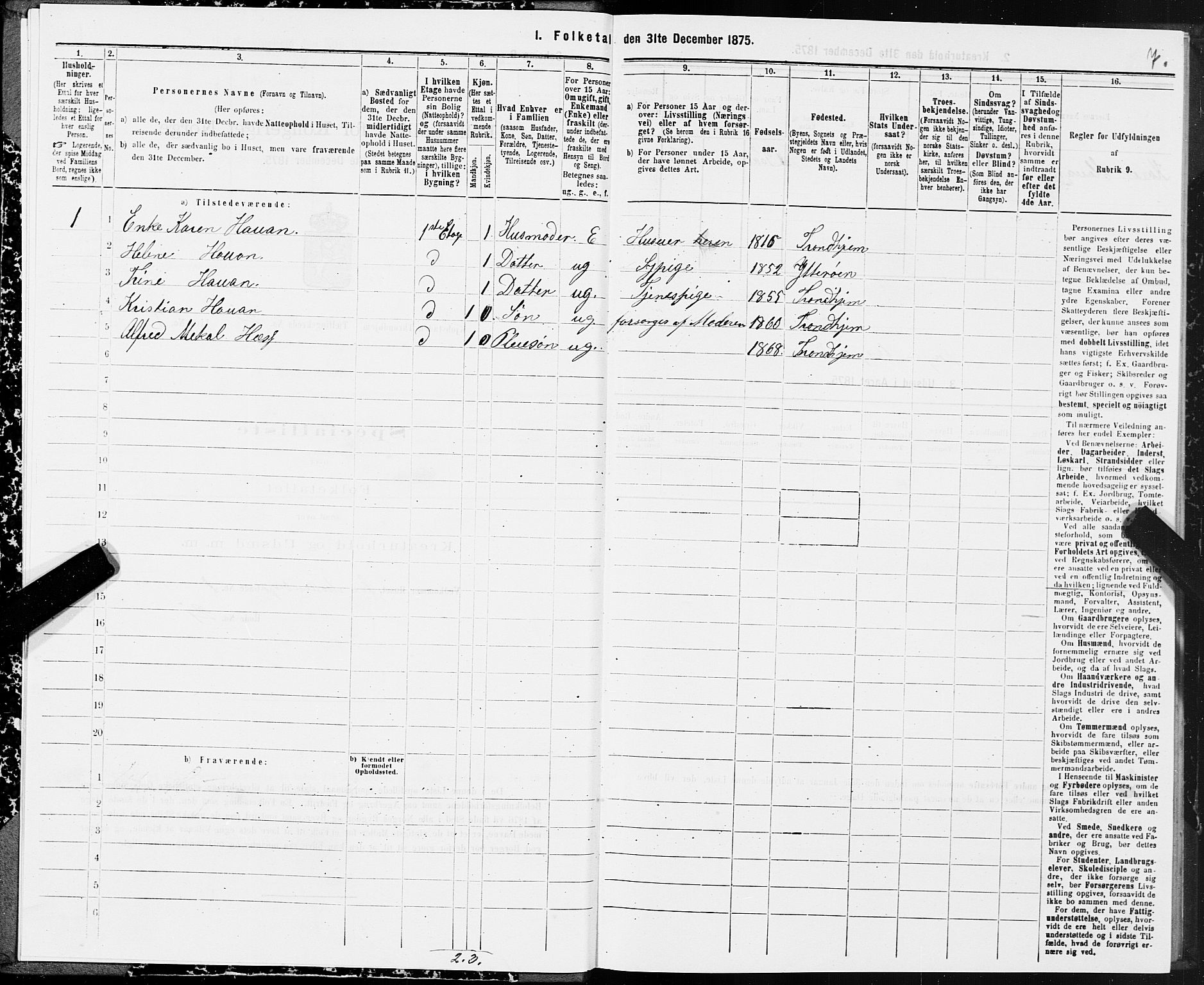 SAT, 1875 census for 1601 Trondheim, 1875, p. 11007