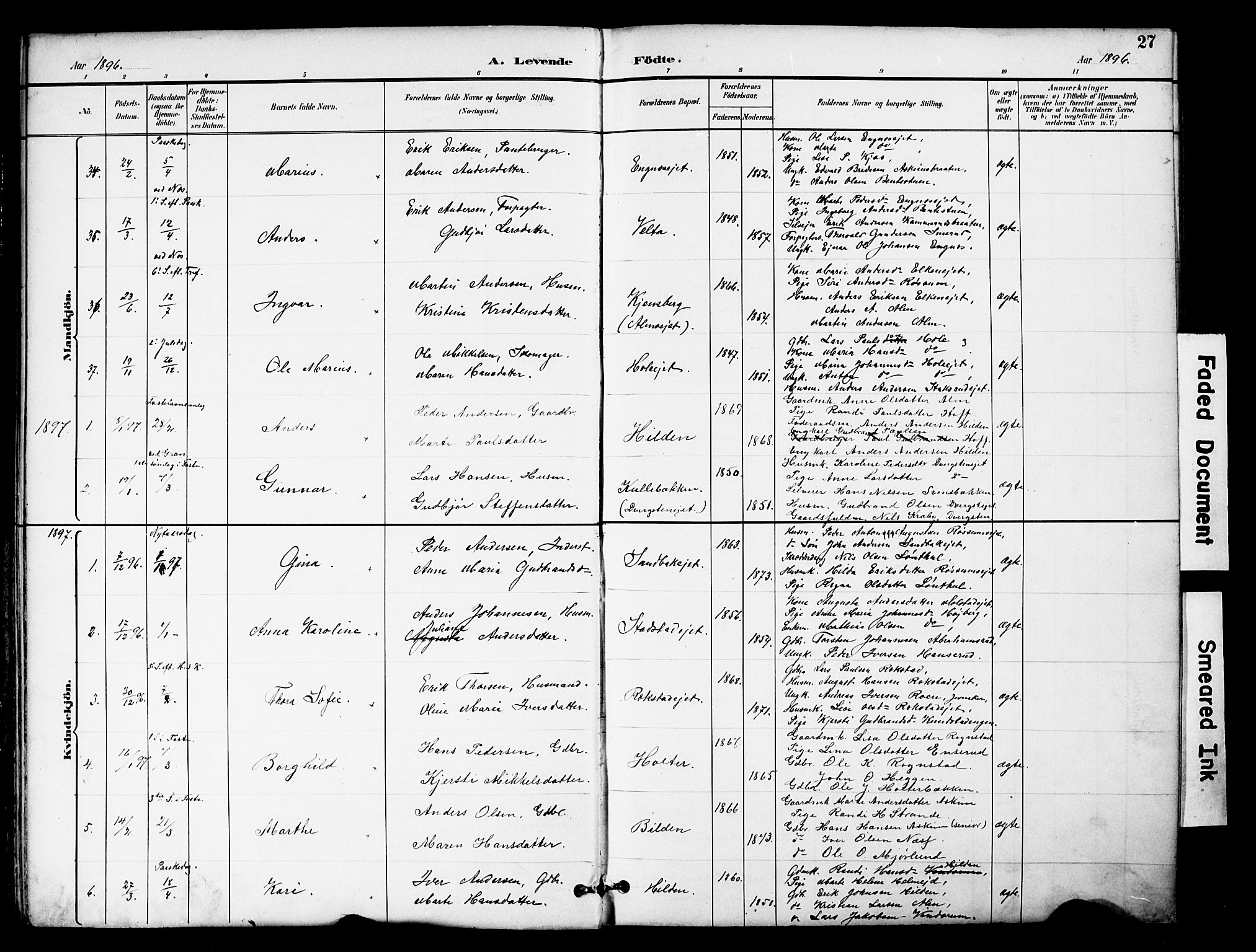 Brandbu prestekontor, SAH/PREST-114/H/Ha/Hab/L0006: Parish register (copy) no. 6, 1893-1902, p. 27