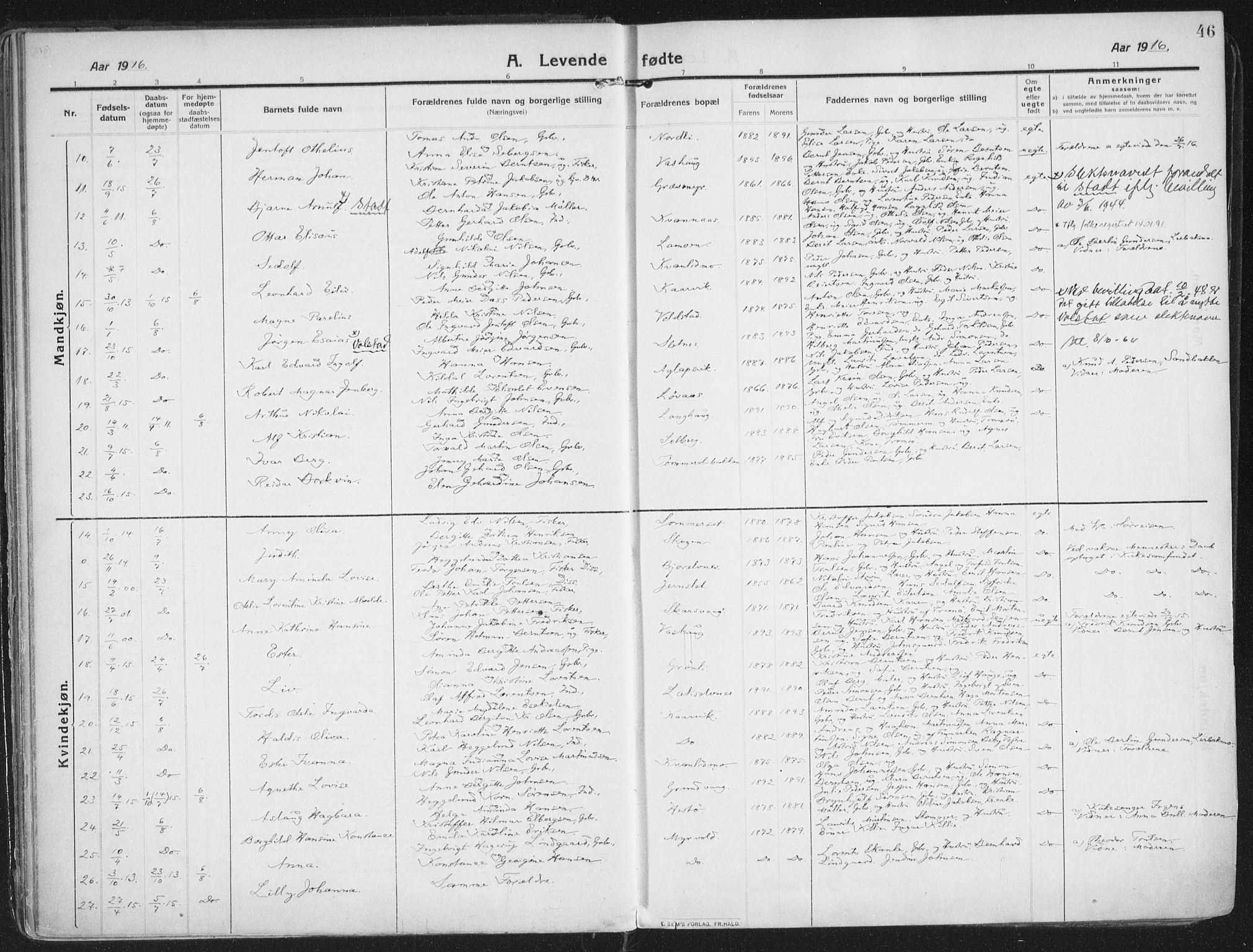 Lenvik sokneprestembete, AV/SATØ-S-1310/H/Ha/Haa/L0016kirke: Parish register (official) no. 16, 1910-1924, p. 46