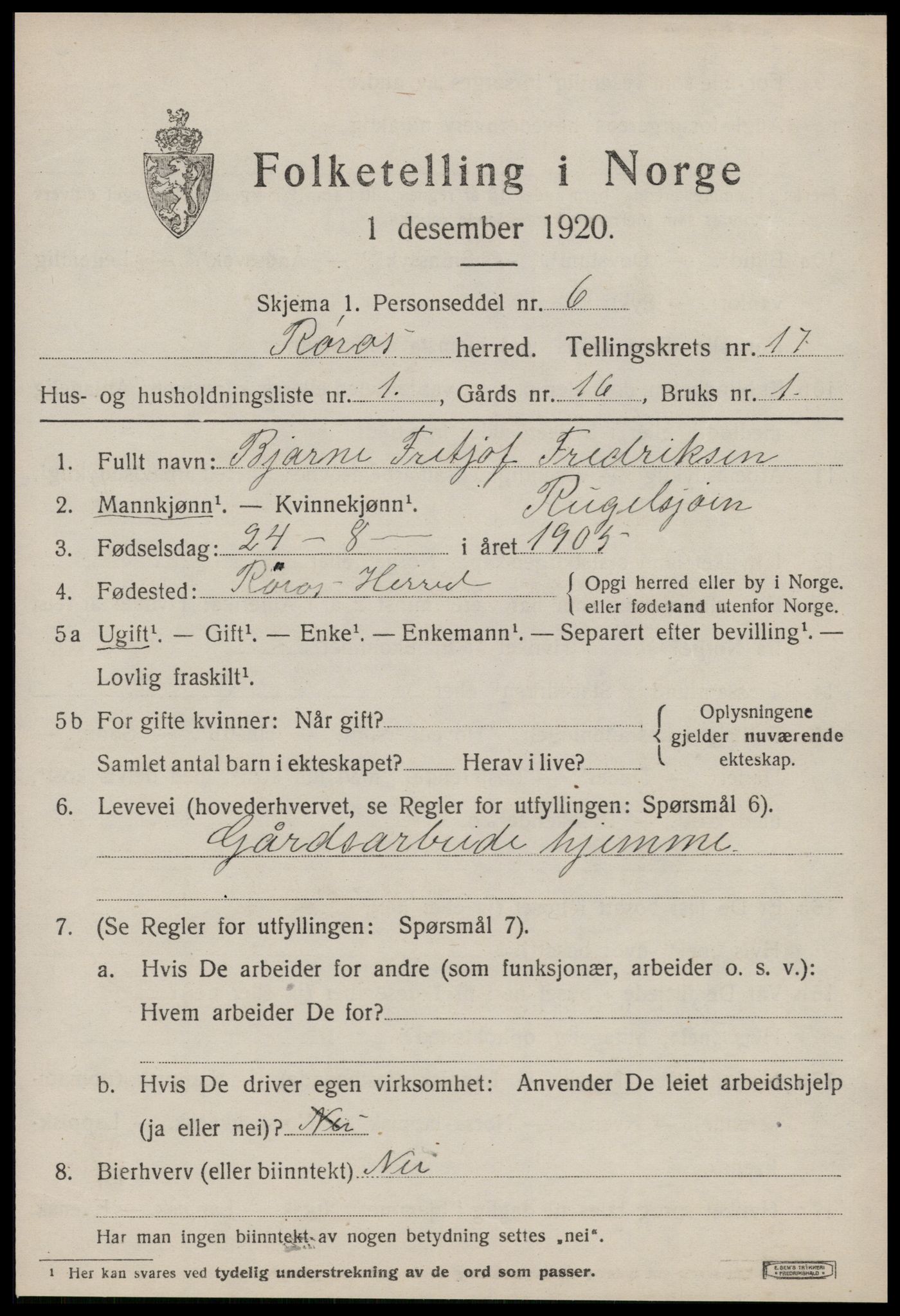 SAT, 1920 census for Røros, 1920, p. 11592