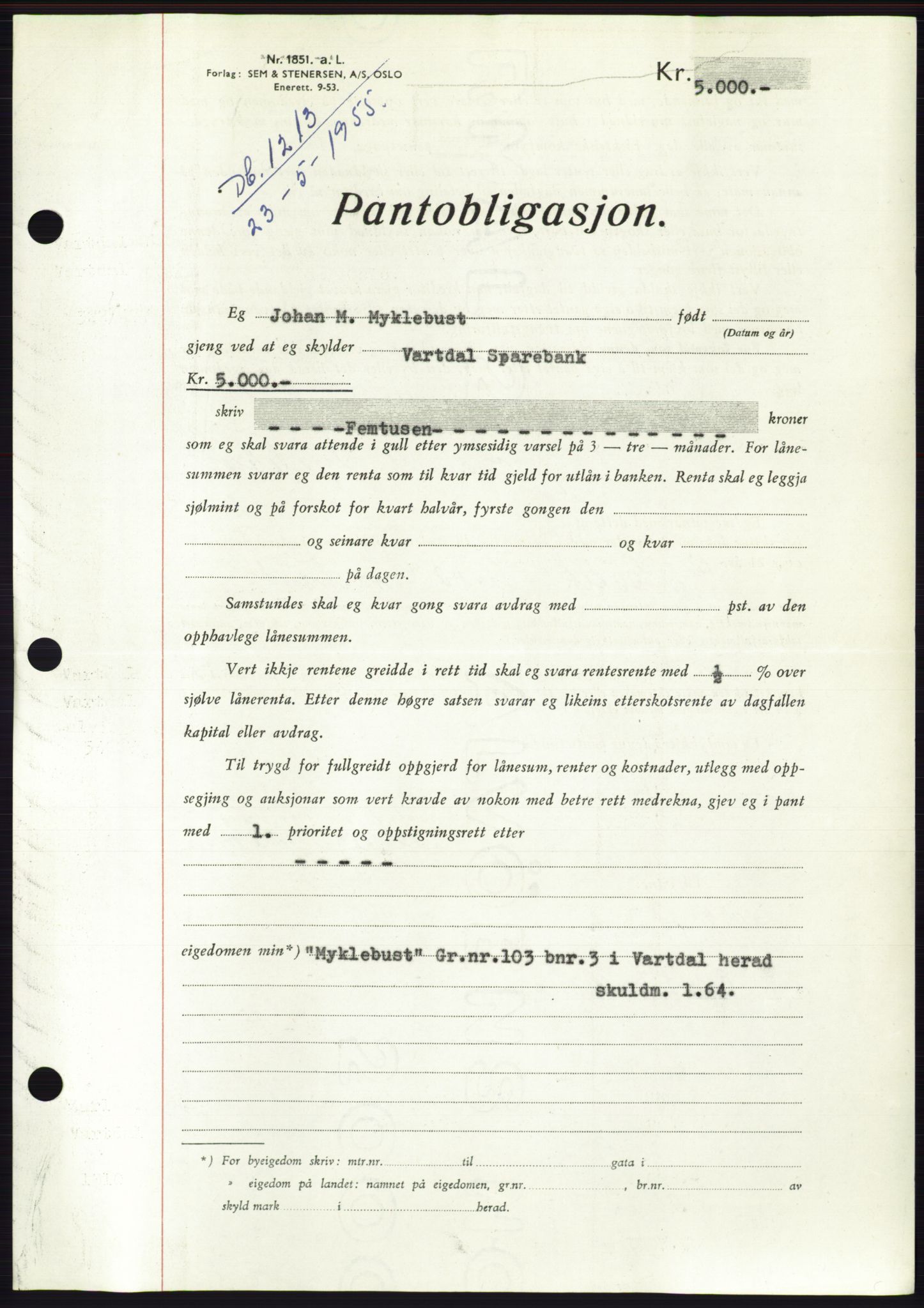 Søre Sunnmøre sorenskriveri, AV/SAT-A-4122/1/2/2C/L0126: Mortgage book no. 14B, 1954-1955, Diary no: : 1213/1955