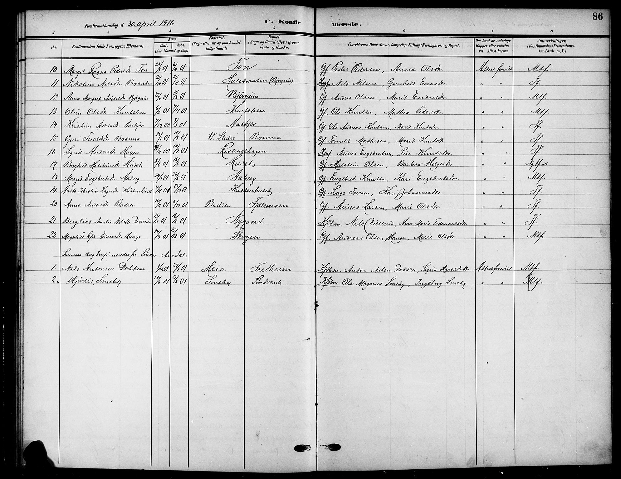 Nord-Aurdal prestekontor, SAH/PREST-132/H/Ha/Hab/L0012: Parish register (copy) no. 12, 1907-1920, p. 86