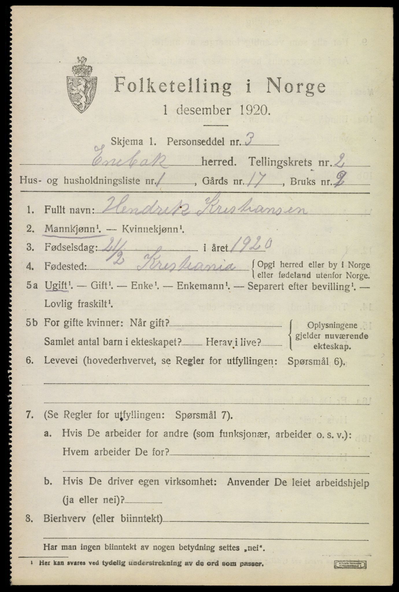 SAO, 1920 census for Enebakk, 1920, p. 2073