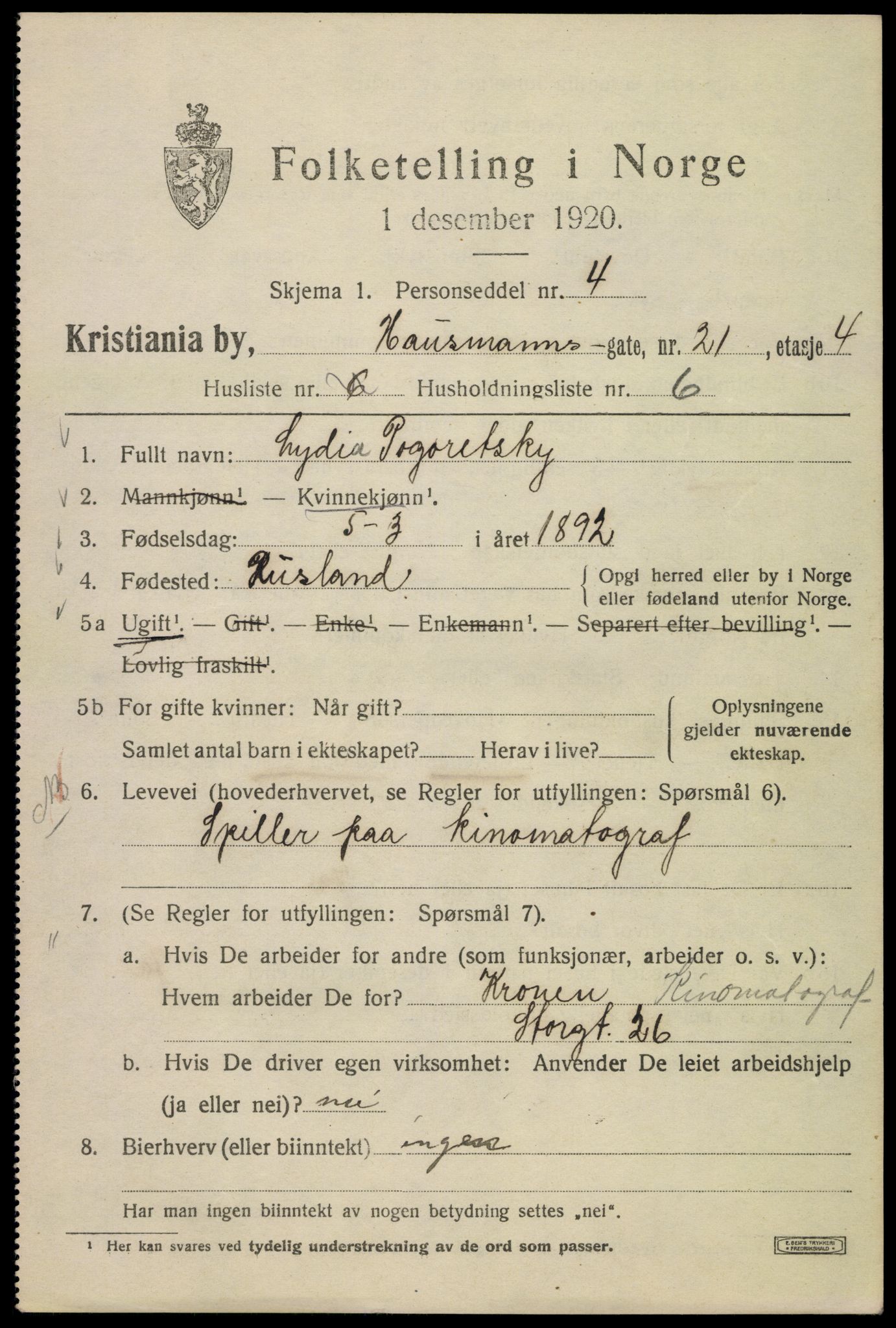 SAO, 1920 census for Kristiania, 1920, p. 273071