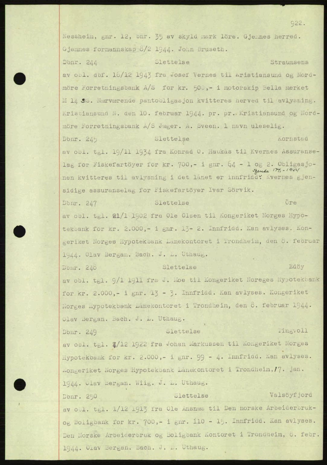 Nordmøre sorenskriveri, AV/SAT-A-4132/1/2/2Ca: Mortgage book no. C81, 1940-1945, Diary no: : 244/1944