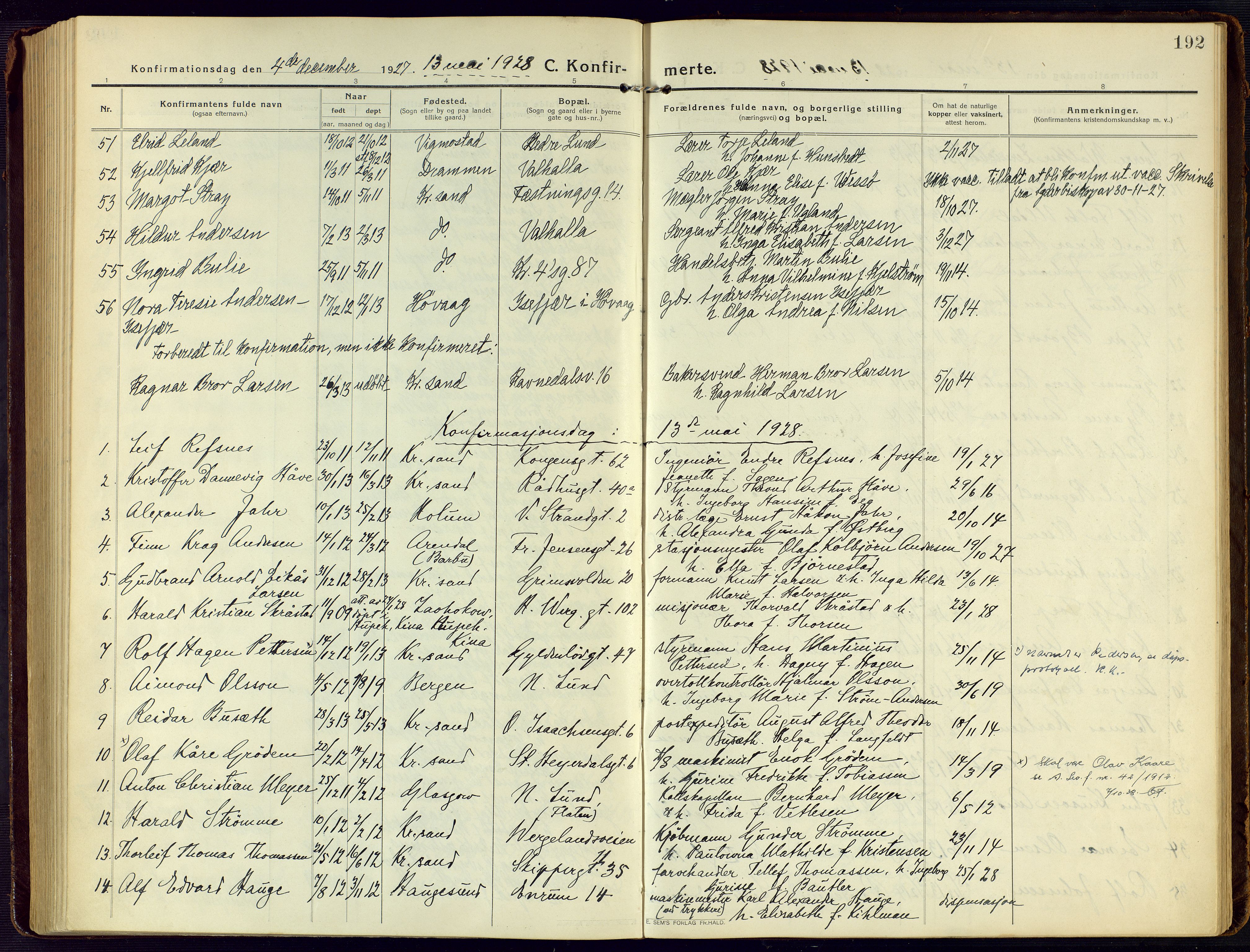 Kristiansand domprosti, SAK/1112-0006/F/Fa/L0026: Parish register (official) no. A 25, 1916-1928, p. 192