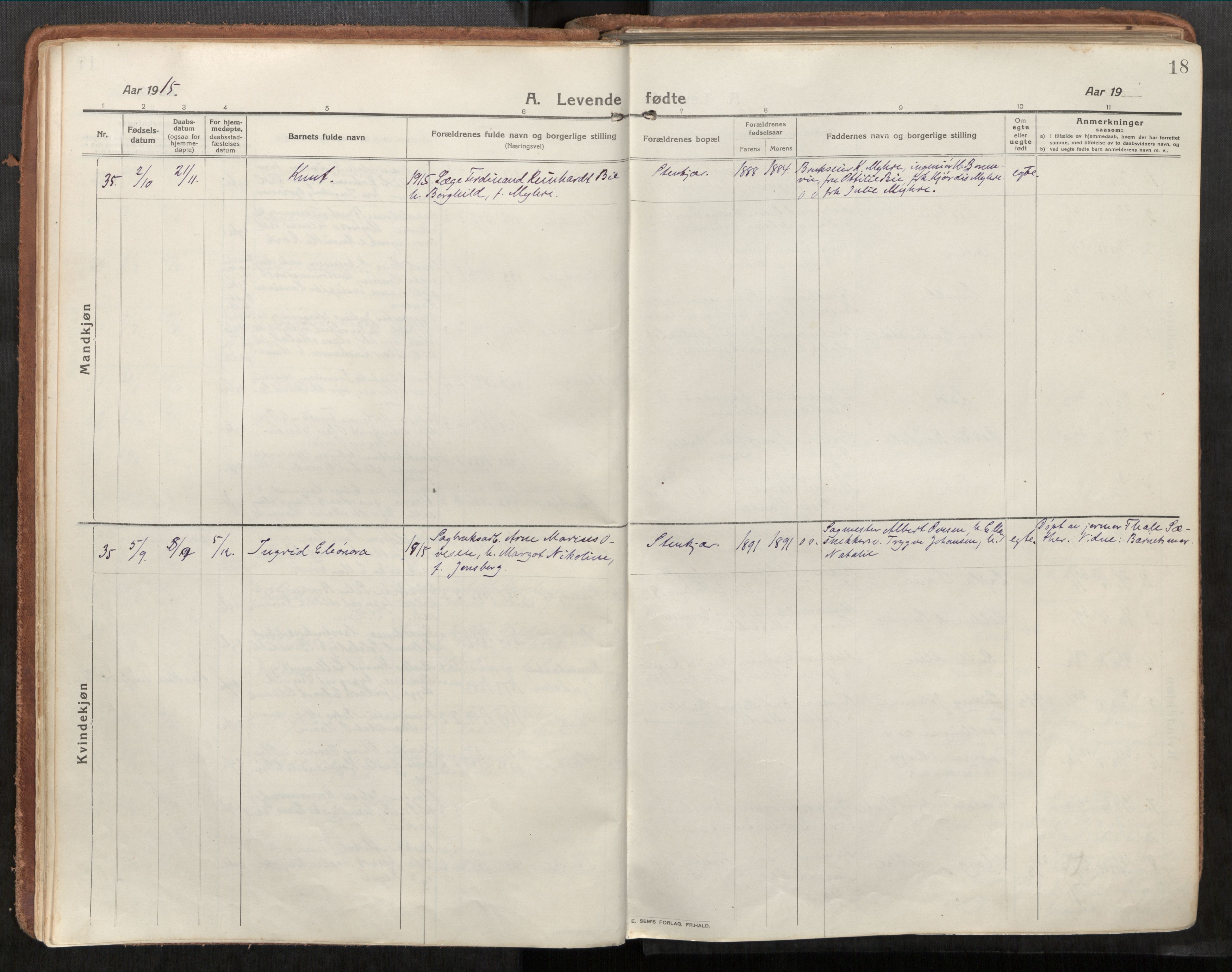 Steinkjer sokneprestkontor, SAT/A-1541/01/H/Ha/Haa/L0003: Parish register (official) no. 3, 1913-1922, p. 18