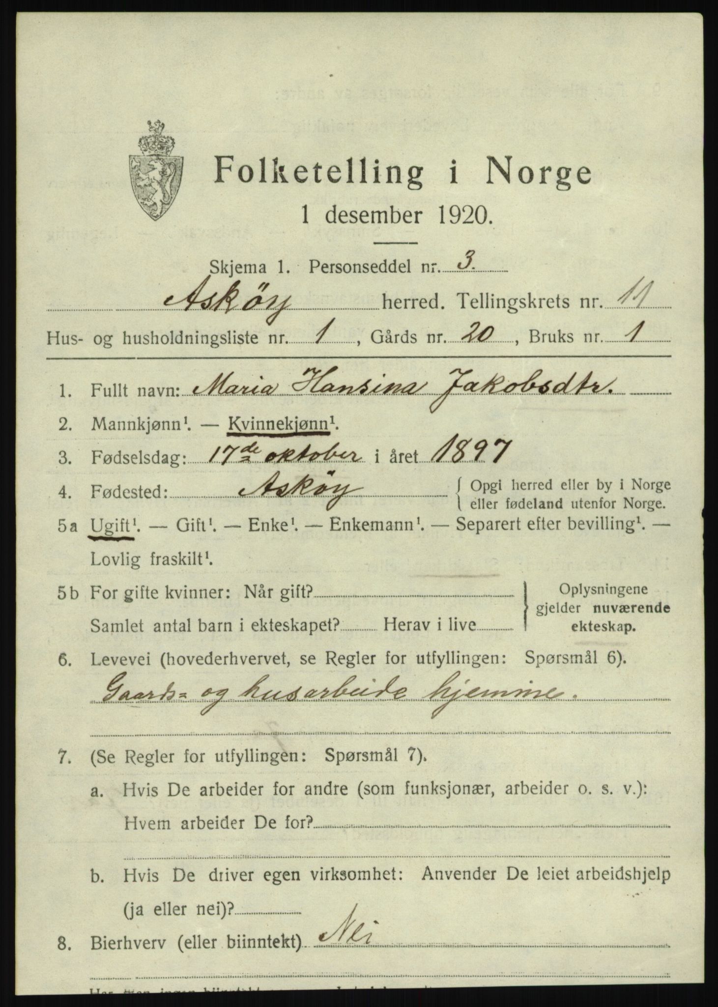 SAB, 1920 census for Askøy, 1920, p. 13188