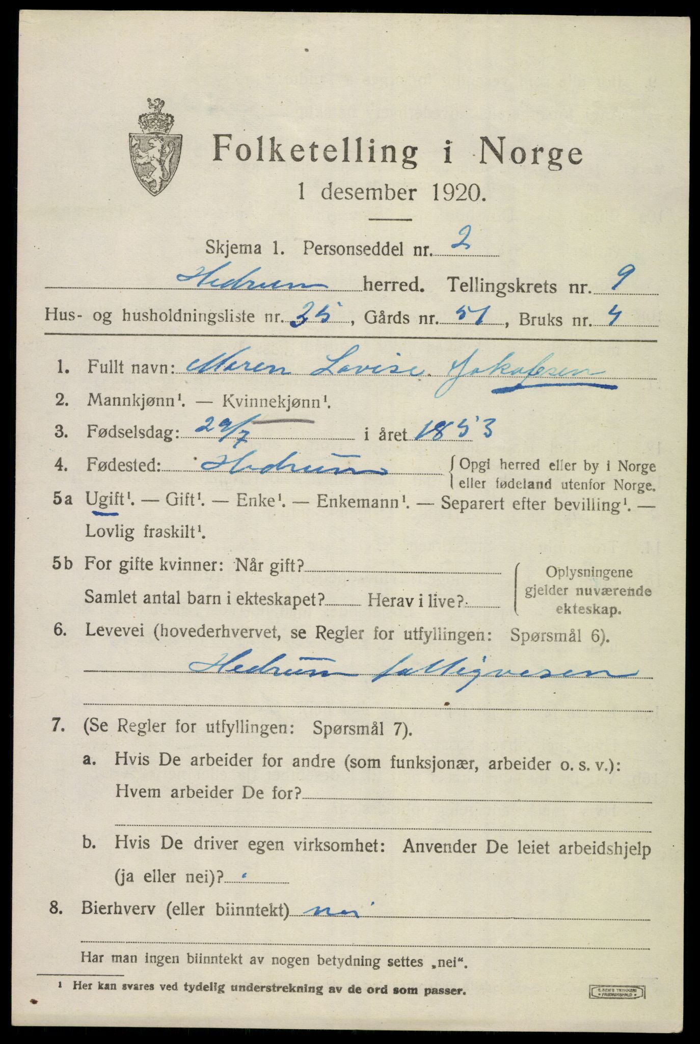 SAKO, 1920 census for Hedrum, 1920, p. 7129