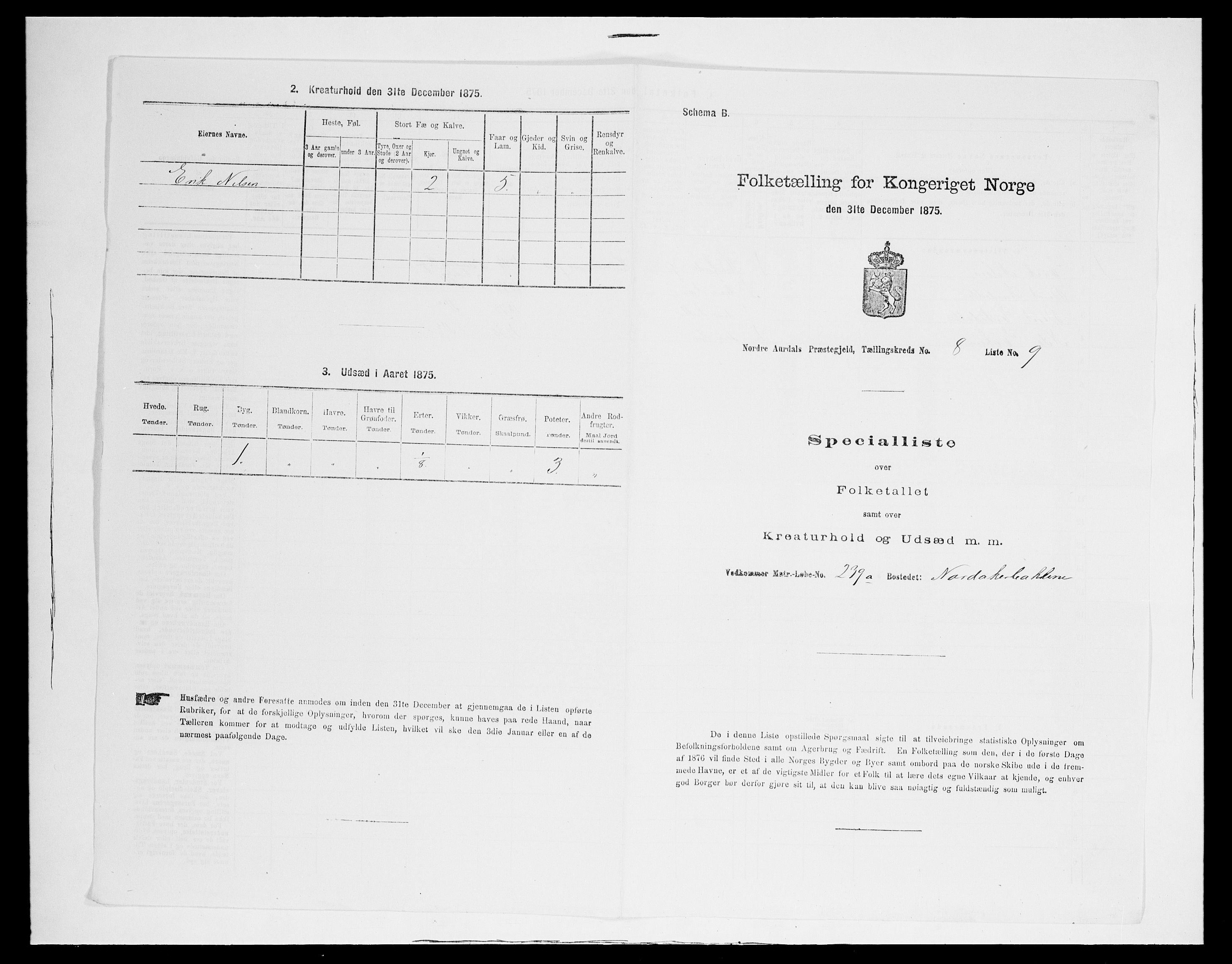 SAH, 1875 census for 0542P Nord-Aurdal, 1875, p. 1296