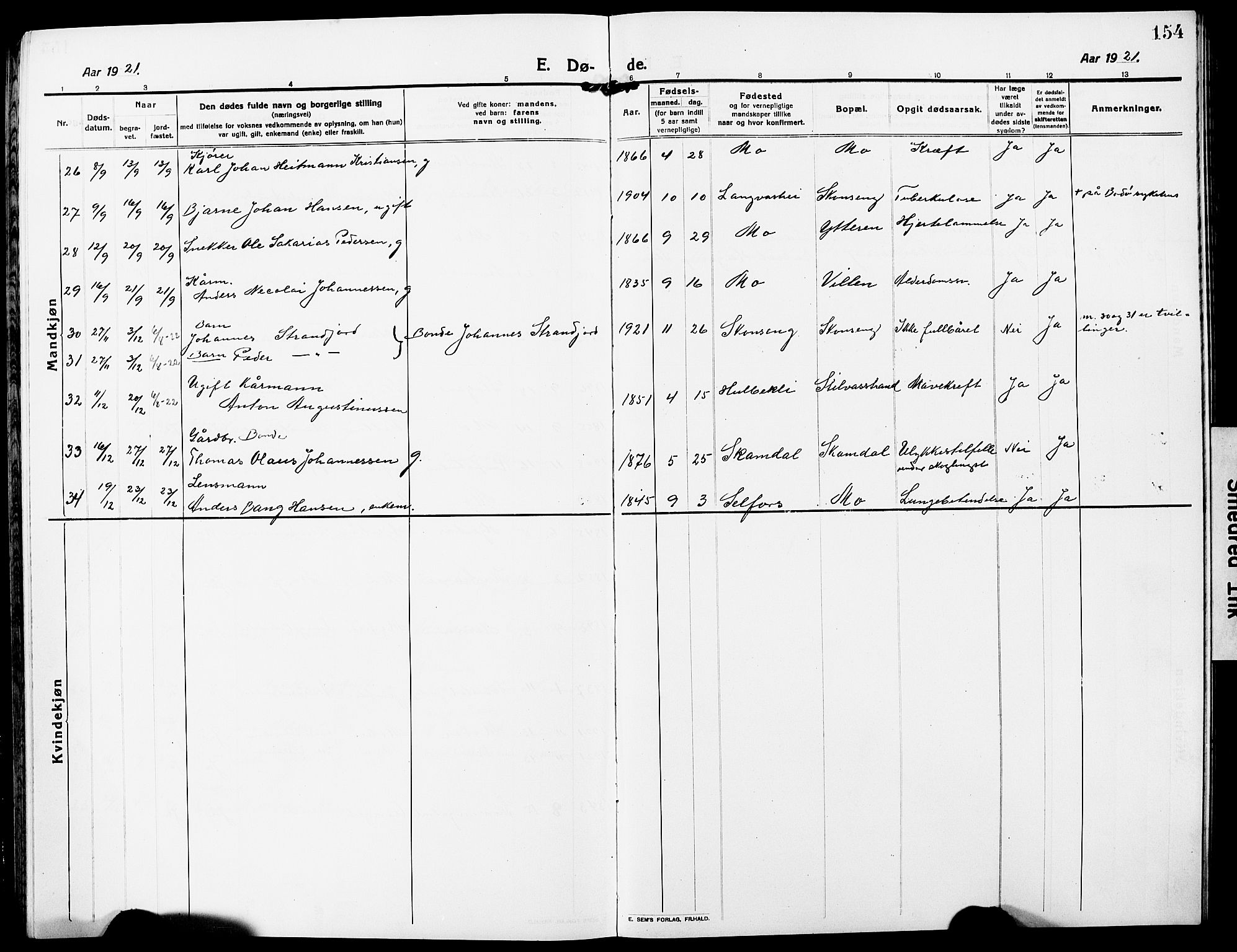 Ministerialprotokoller, klokkerbøker og fødselsregistre - Nordland, AV/SAT-A-1459/827/L0424: Parish register (copy) no. 827C13, 1921-1930, p. 154