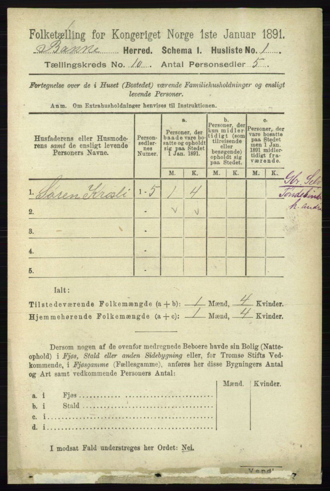 RA, 1891 census for 1045 Bakke, 1891, p. 1965