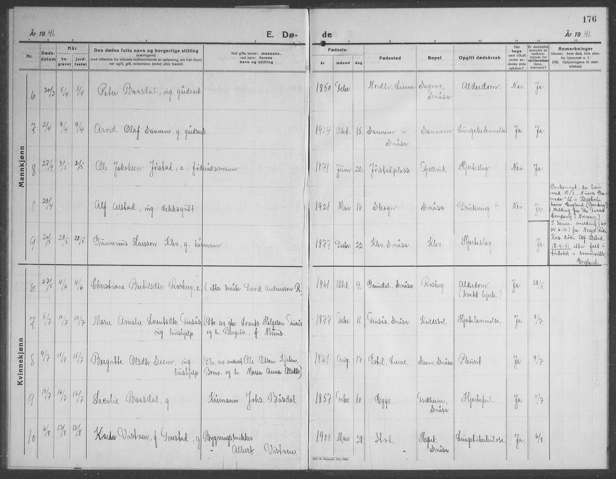 Ministerialprotokoller, klokkerbøker og fødselsregistre - Nord-Trøndelag, AV/SAT-A-1458/749/L0481: Parish register (copy) no. 749C03, 1933-1945, p. 176