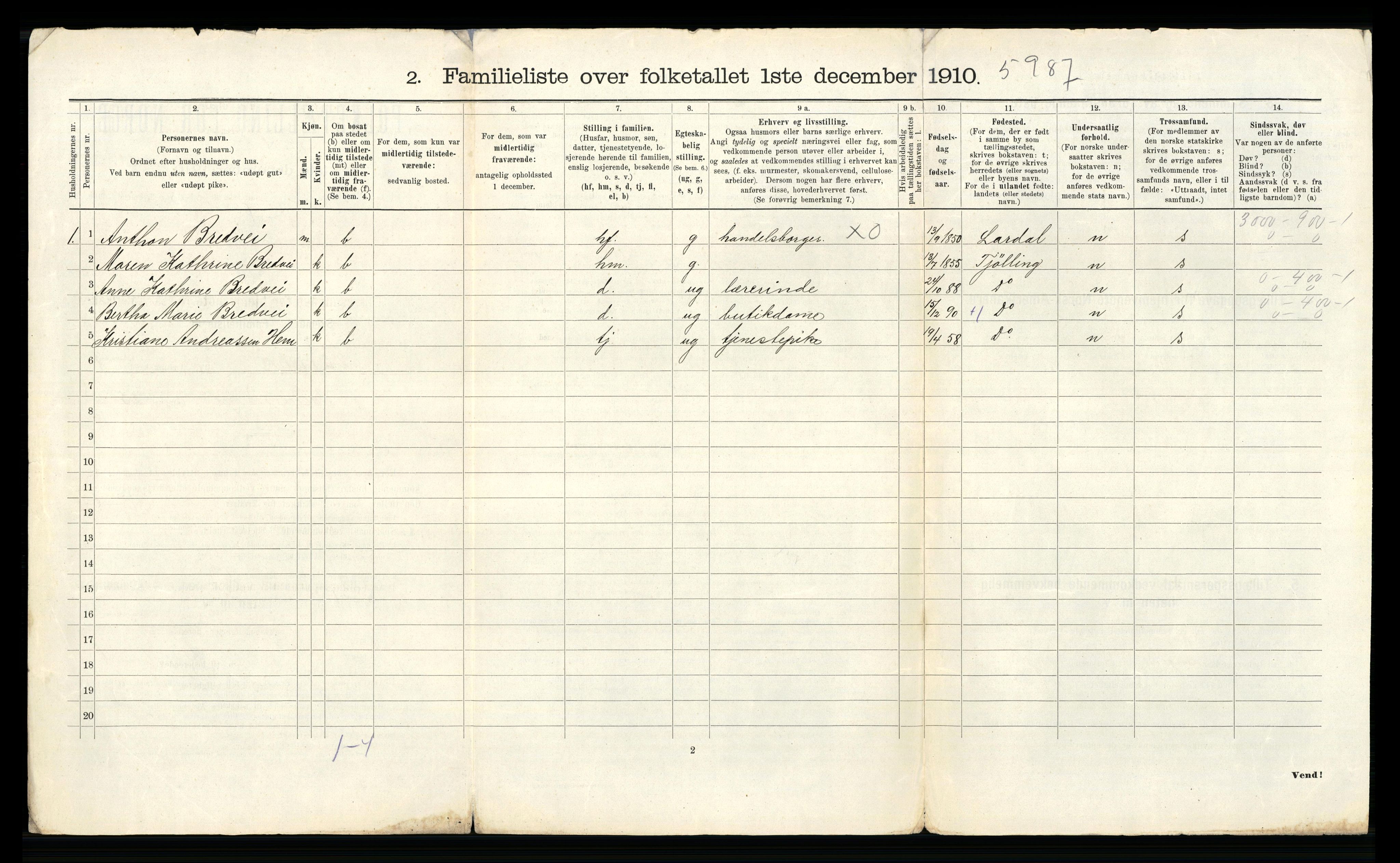 RA, 1910 census for Larvik, 1910, p. 2346