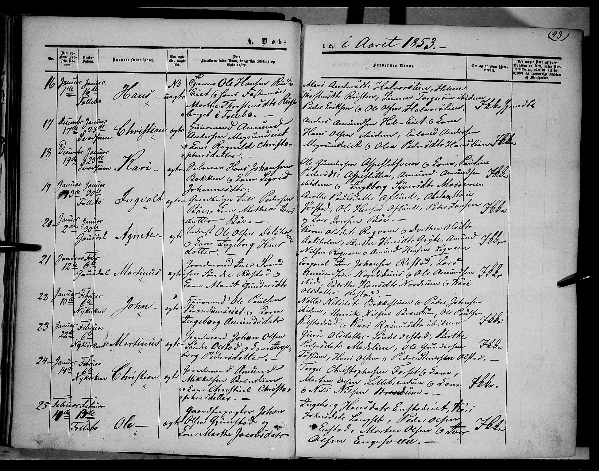 Gausdal prestekontor, SAH/PREST-090/H/Ha/Haa/L0008: Parish register (official) no. 8, 1850-1861, p. 43