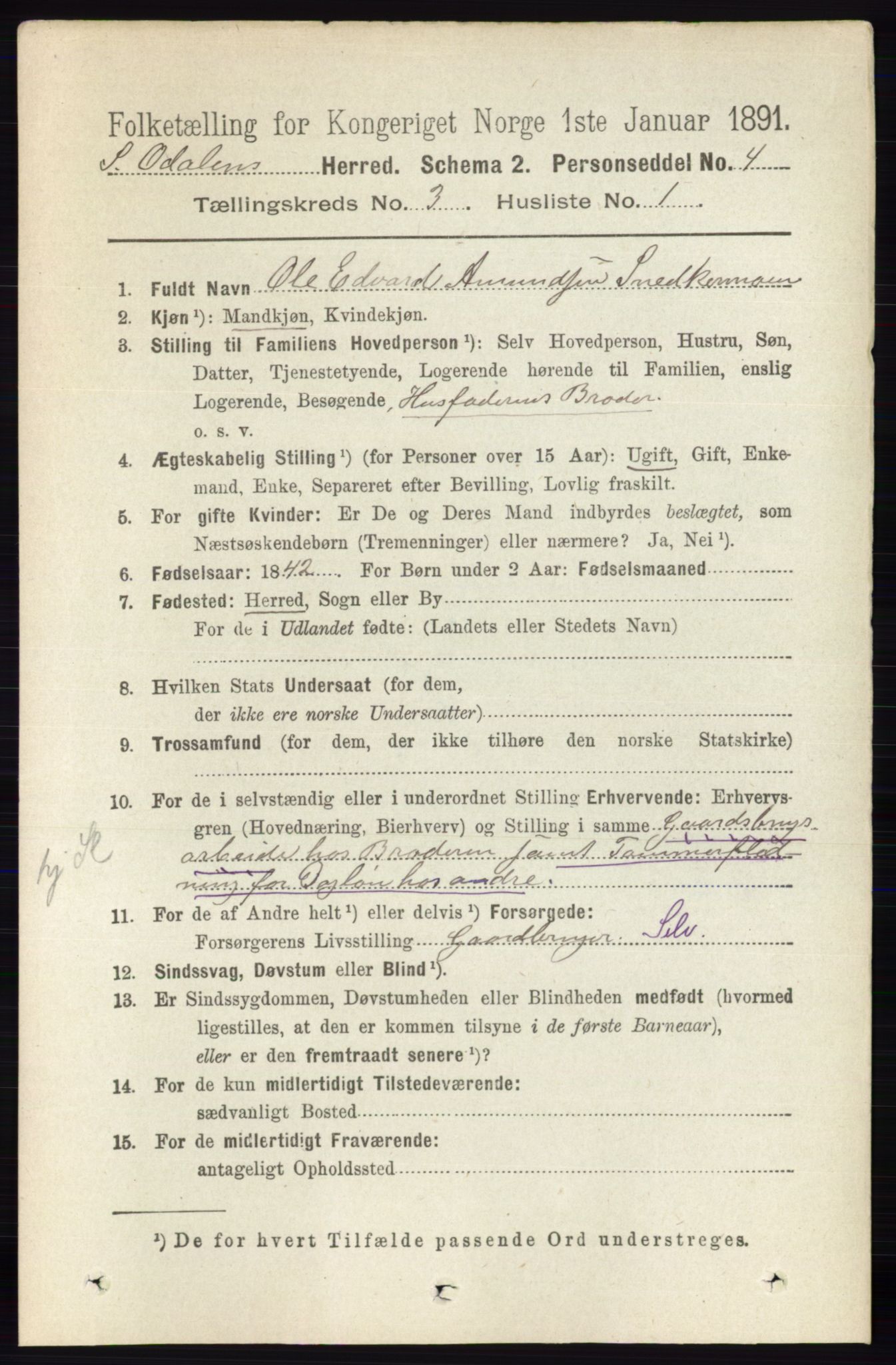 RA, 1891 census for 0419 Sør-Odal, 1891, p. 1156