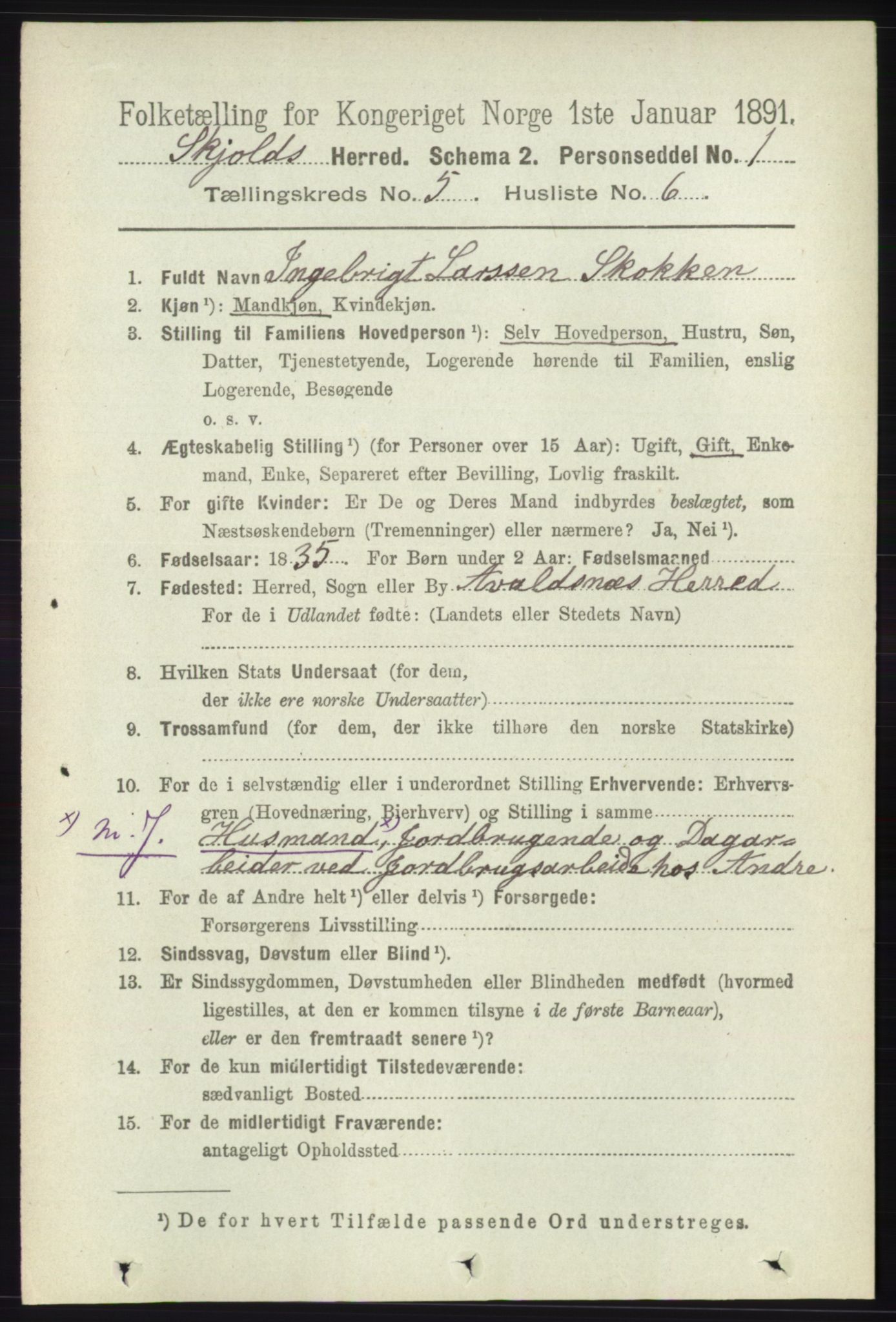 RA, 1891 census for 1154 Skjold, 1891, p. 789