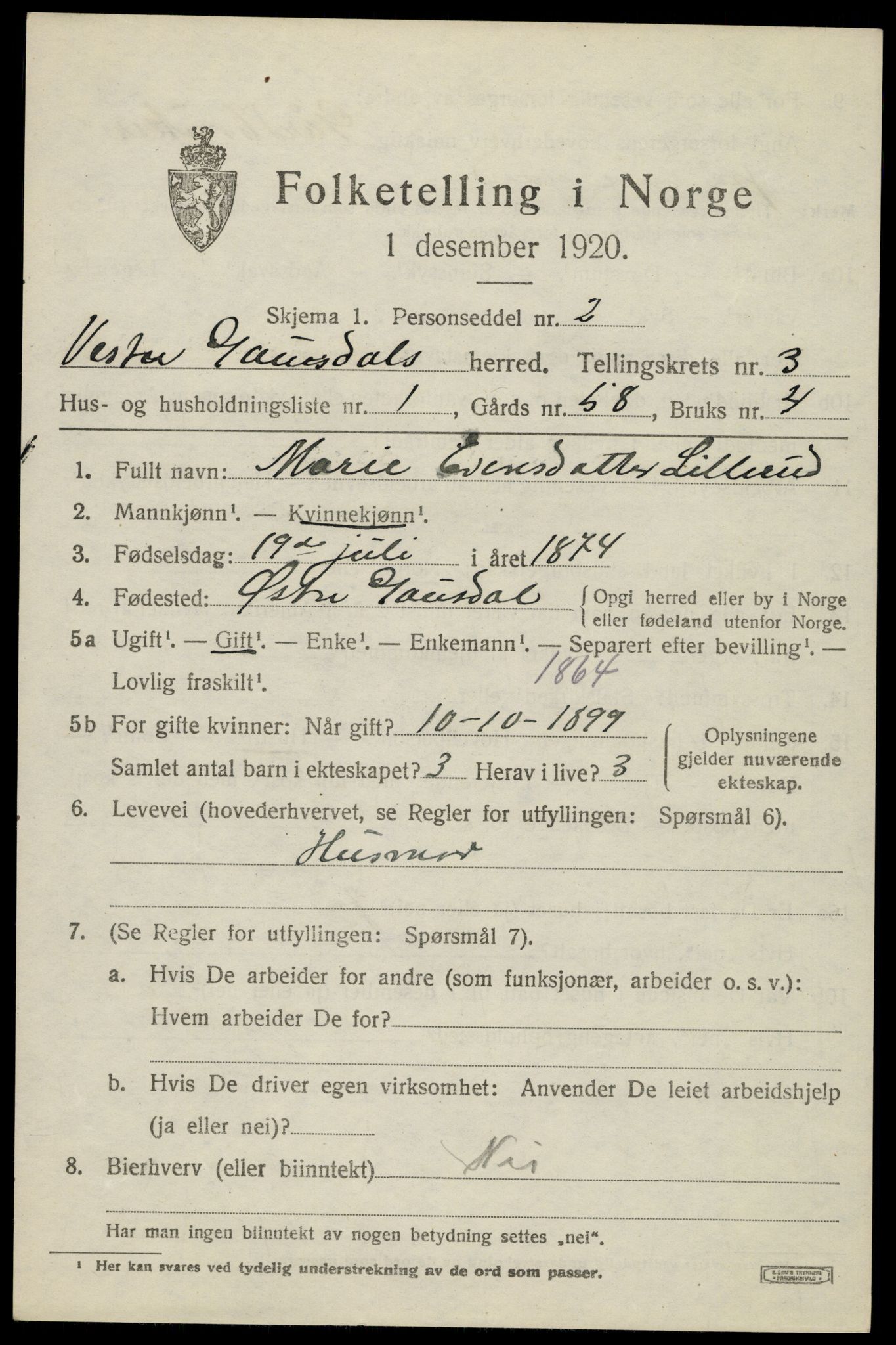 SAH, 1920 census for Vestre Gausdal, 1920, p. 2339