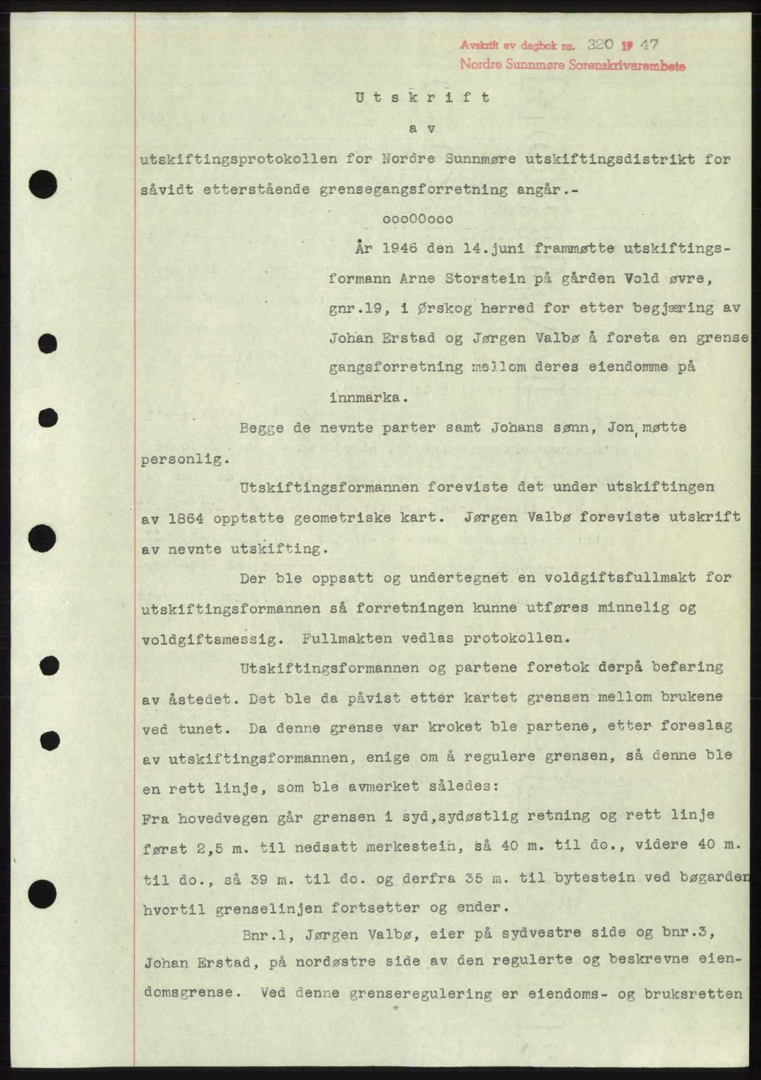 Nordre Sunnmøre sorenskriveri, AV/SAT-A-0006/1/2/2C/2Ca: Mortgage book no. A24, 1947-1947, Diary no: : 320/1947