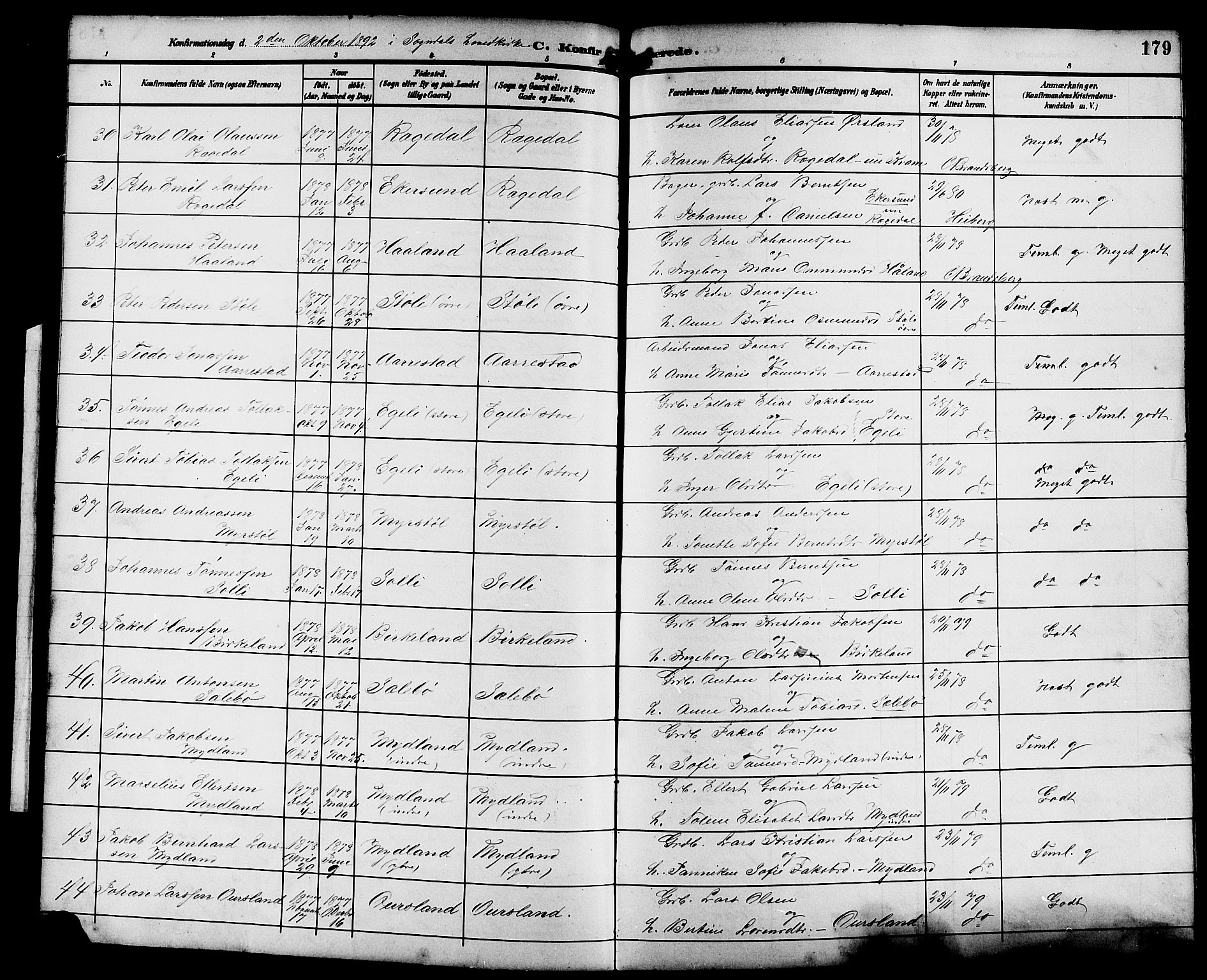 Sokndal sokneprestkontor, AV/SAST-A-101808: Parish register (copy) no. B 6, 1892-1907, p. 179