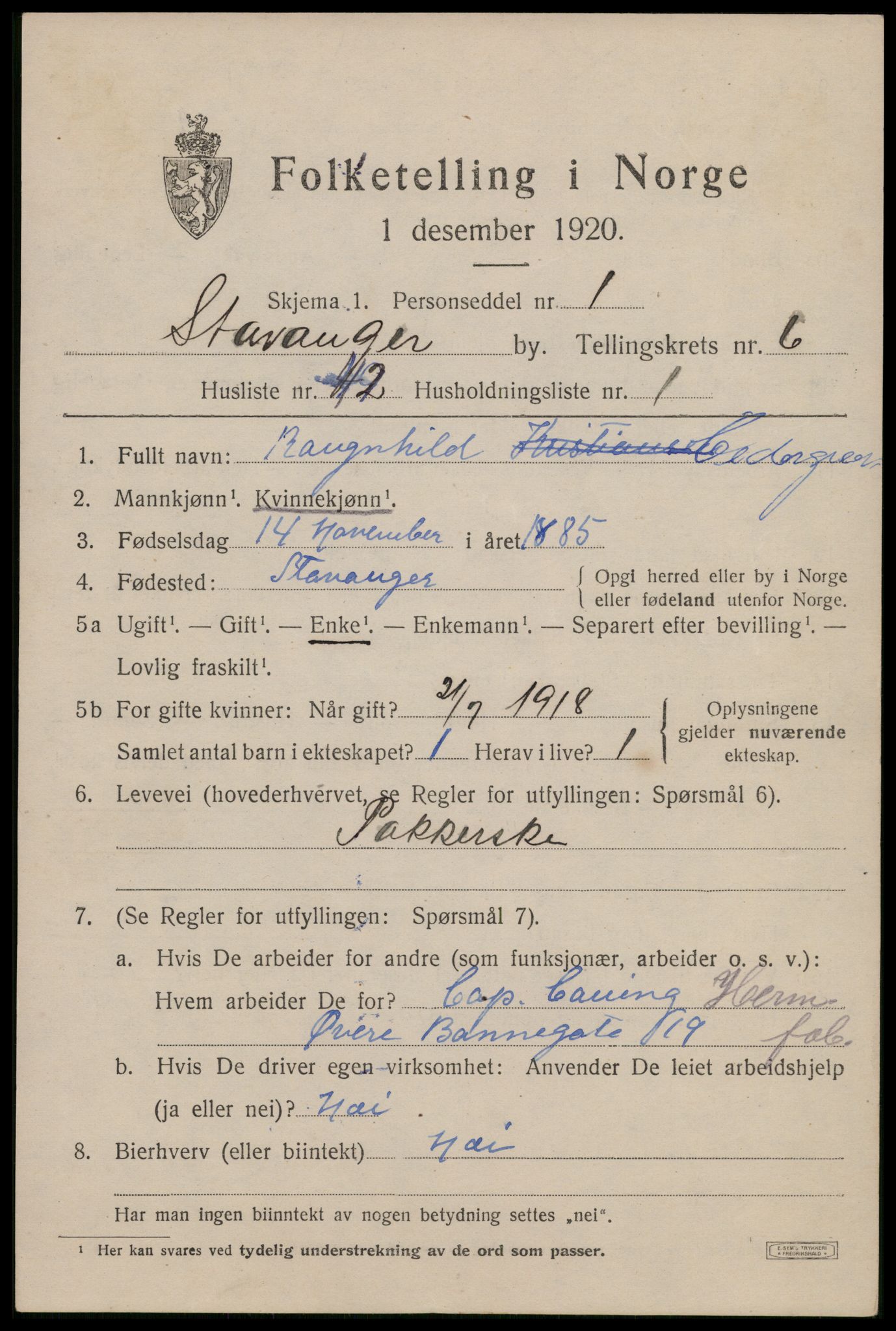 SAST, 1920 census for Stavanger, 1920, p. 43150