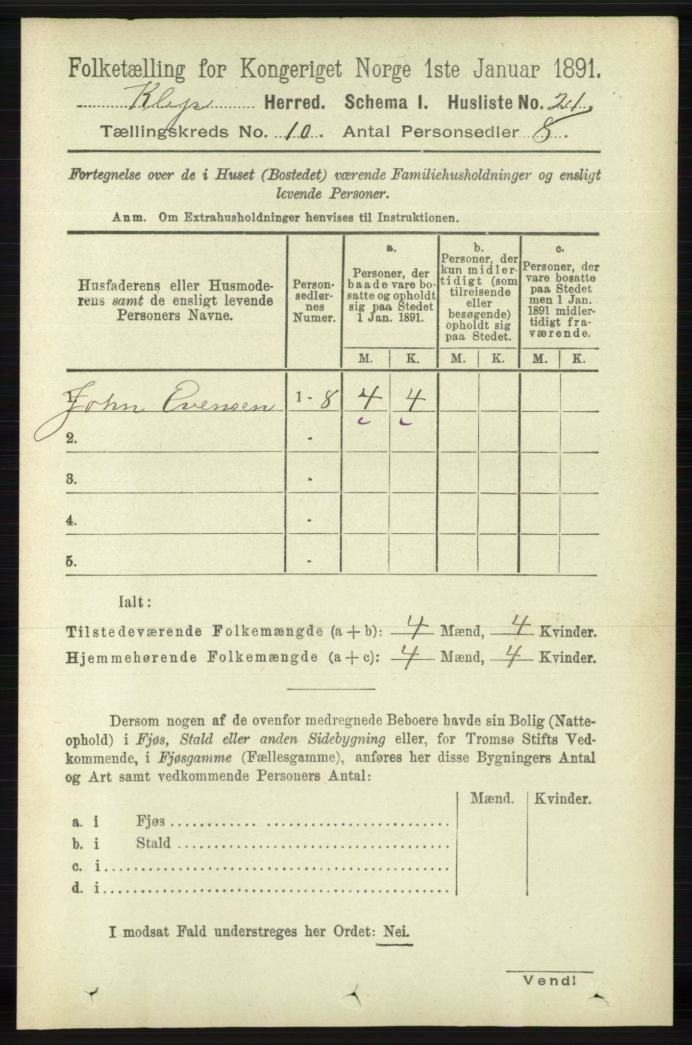 RA, 1891 census for 1120 Klepp, 1891, p. 2839